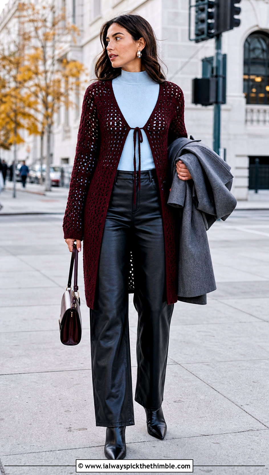 Red Crochet Long Sleeve Cover Up With Leather Pants - 20 red crochet cover up outfit ideas