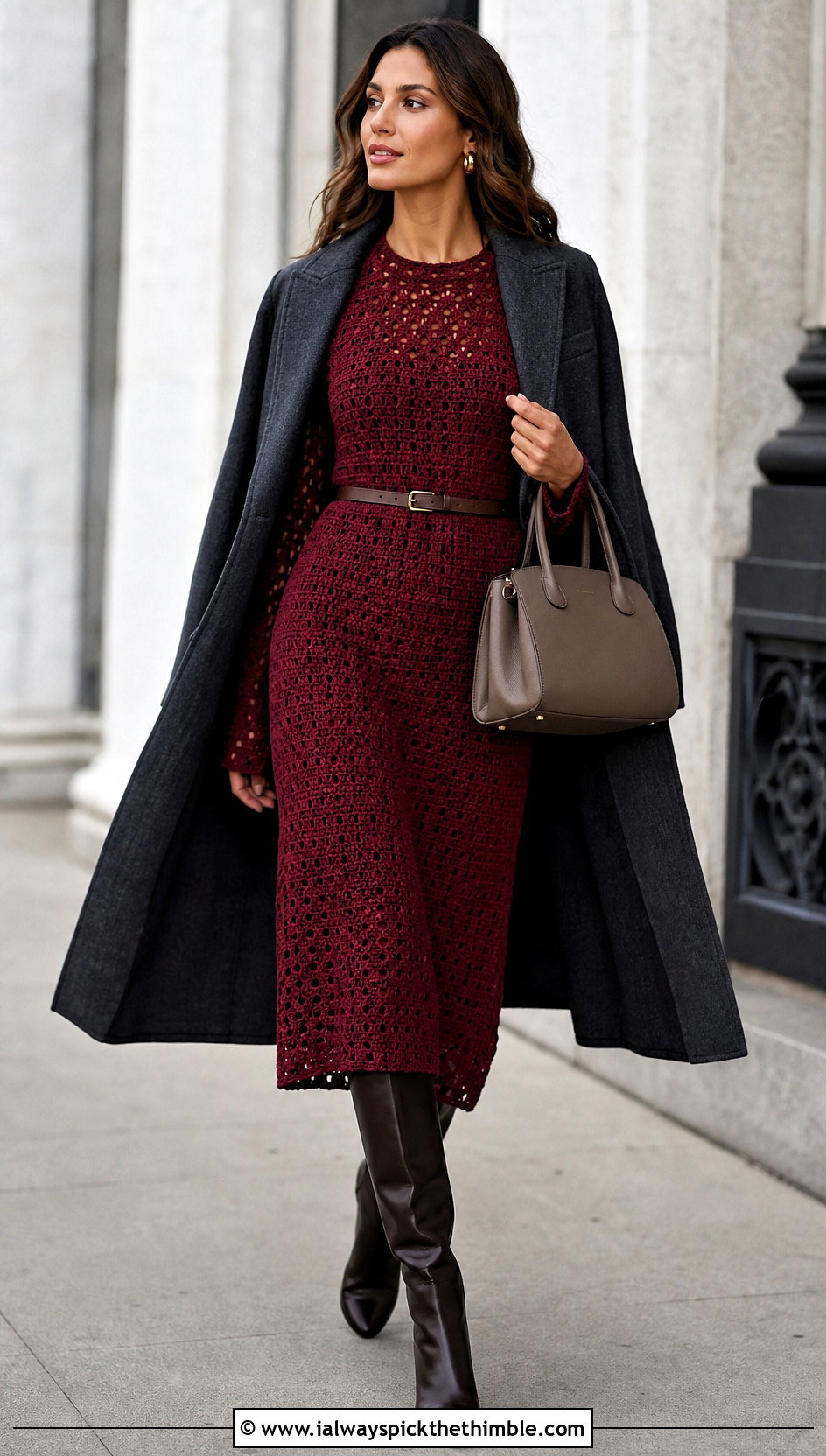 Red Crochet Long Sleeve Dress With Knee Boots - 15 Crochet Red Dress outfit ideas