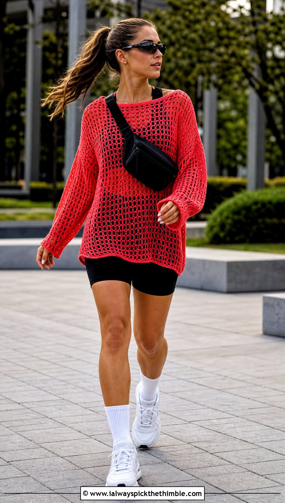 Red Crochet Mesh Tunic With Bike Shorts - 15 red crochet clothing design outfit ideas
