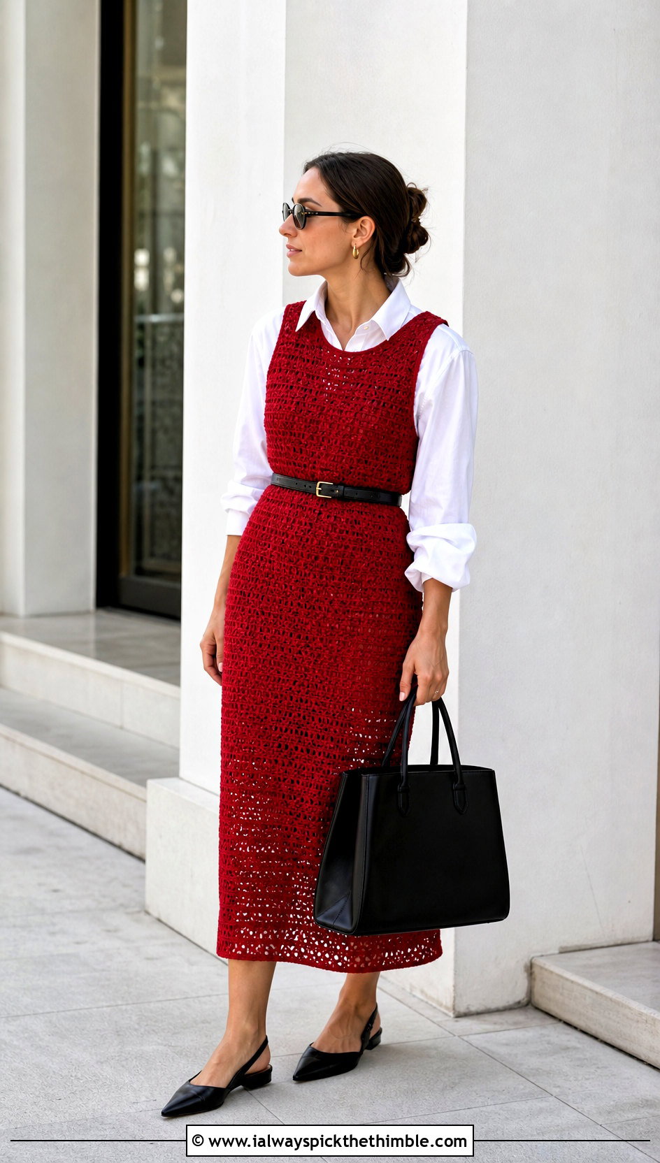 Red Crochet Midi Dress With White Shirt - 15 Red Crochet Dress Design outfit ideas
