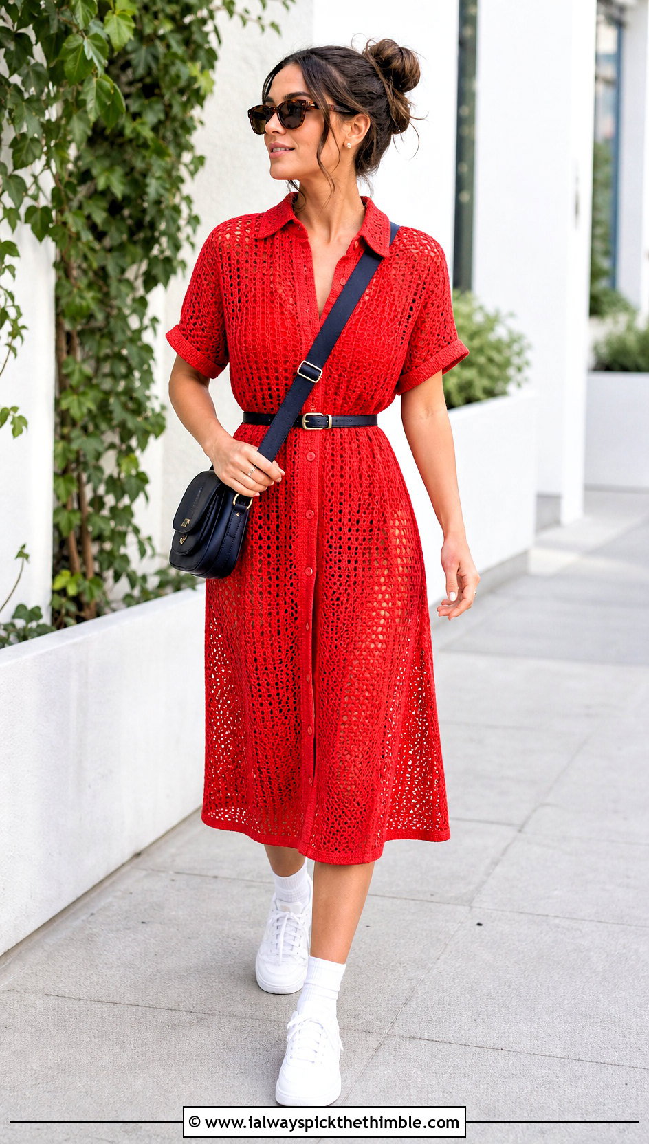 Red Crochet Shirt Dress With Sneakers - 15 Red Crochet Dress Design outfit ideas