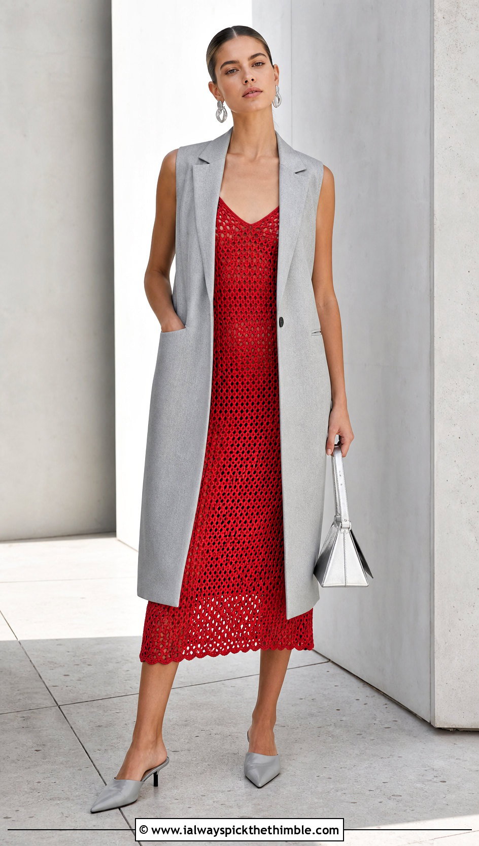 Red Crochet Slip Dress With Tailored Vest - 15 Red Crochet Dress Design outfit ideas