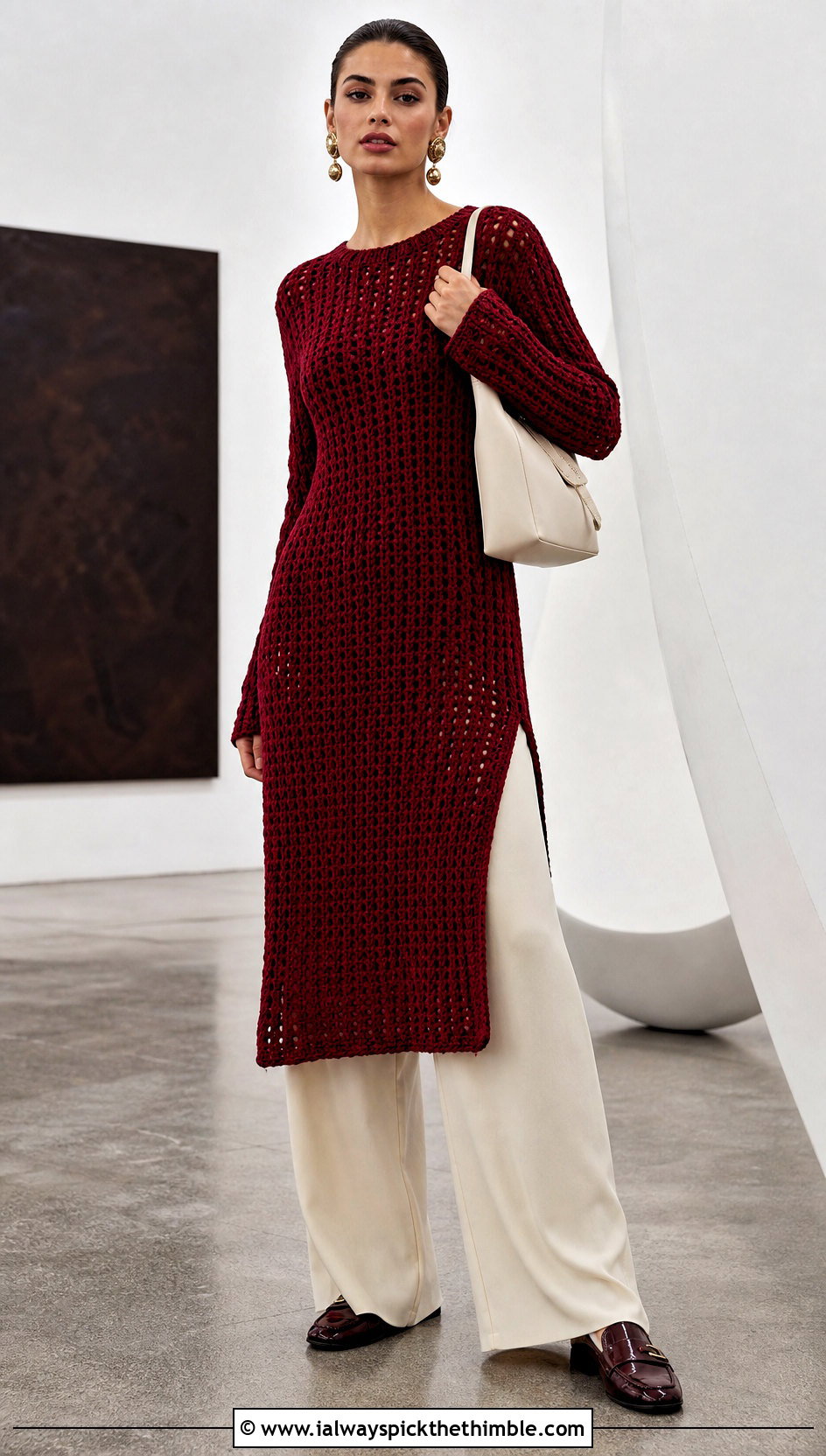 Red Crochet Sweater Dress With Wide Leg Trousers - 15 Red Crochet Dress Design outfit ideas