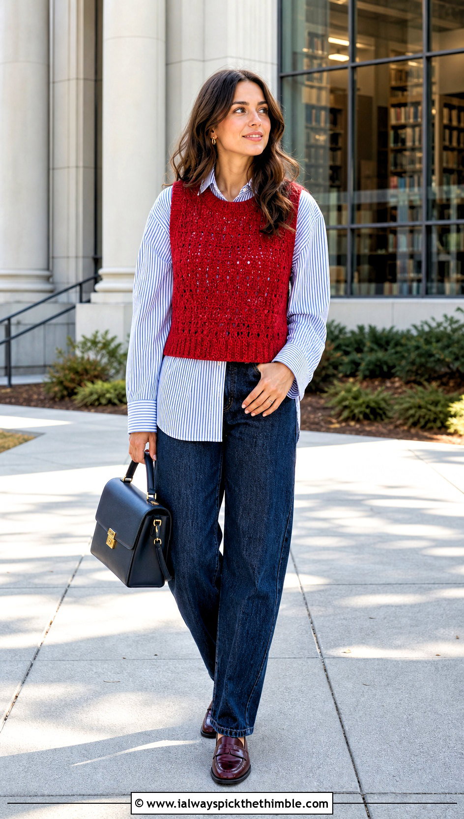 Red Crochet Sweater Vest With Oversized Shirt And Jeans - 25 red crochet sweater outfit ideas