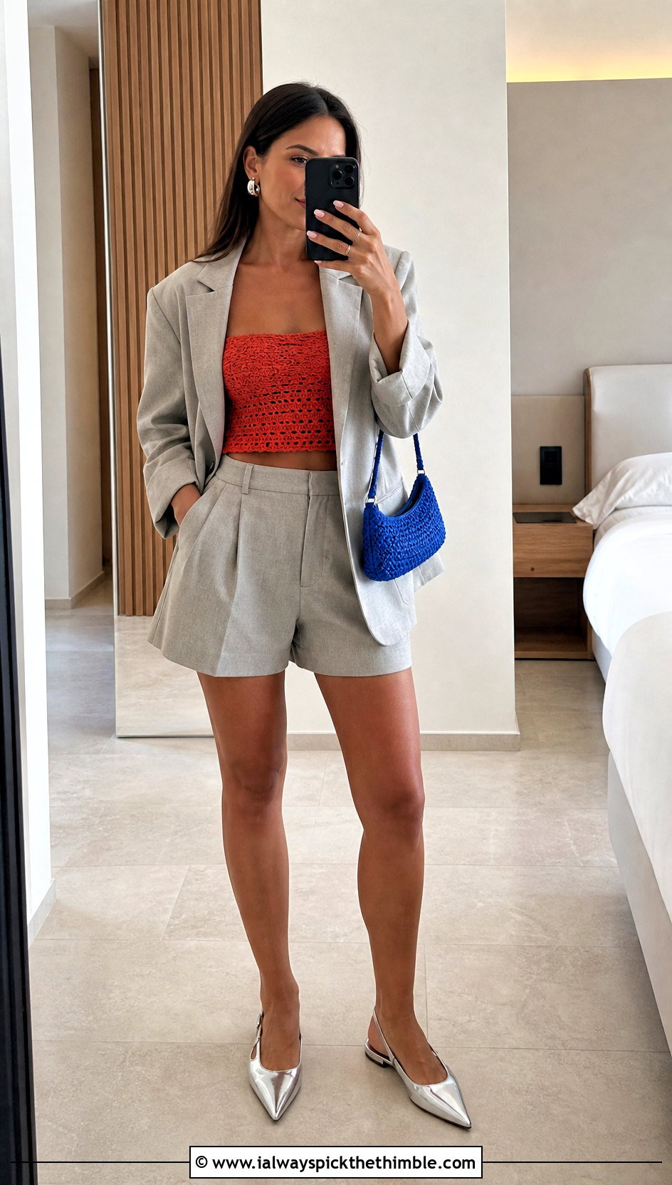 Red Crochet Tube Top With Oversized Blazer And Shorts - 15 handmade red crochet top outfit ideas