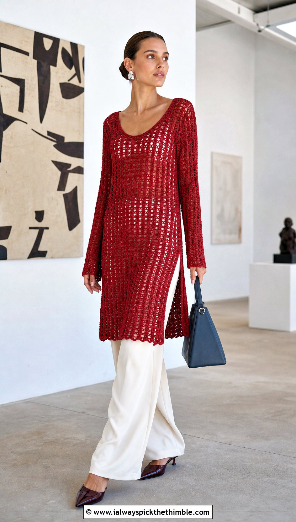 Red Crochet Tunic Dress With Tailored Pants - 15 Crochet Red Dress outfit ideas