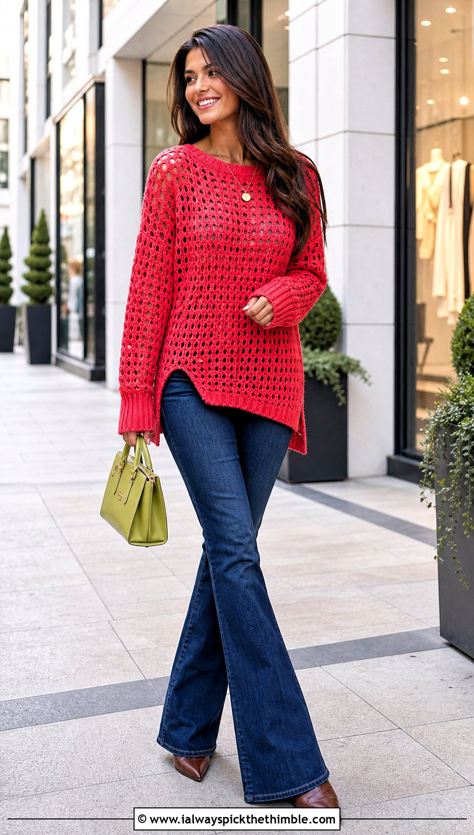 Red Crochet Tunic Sweater With Slim Flared Jeans - 15 Red Crocheted Sweater Close-Up outfit ideas