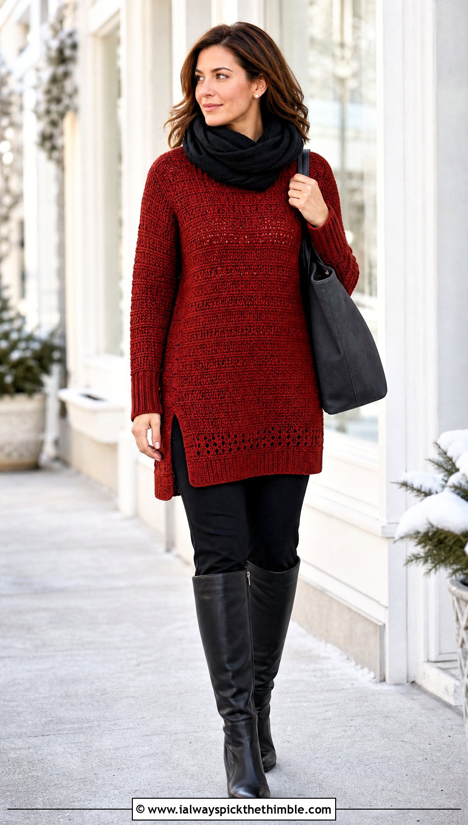 Red Crochet Tunic Sweater With Slim Pants And Boots - 25 red crochet sweater outfit ideas