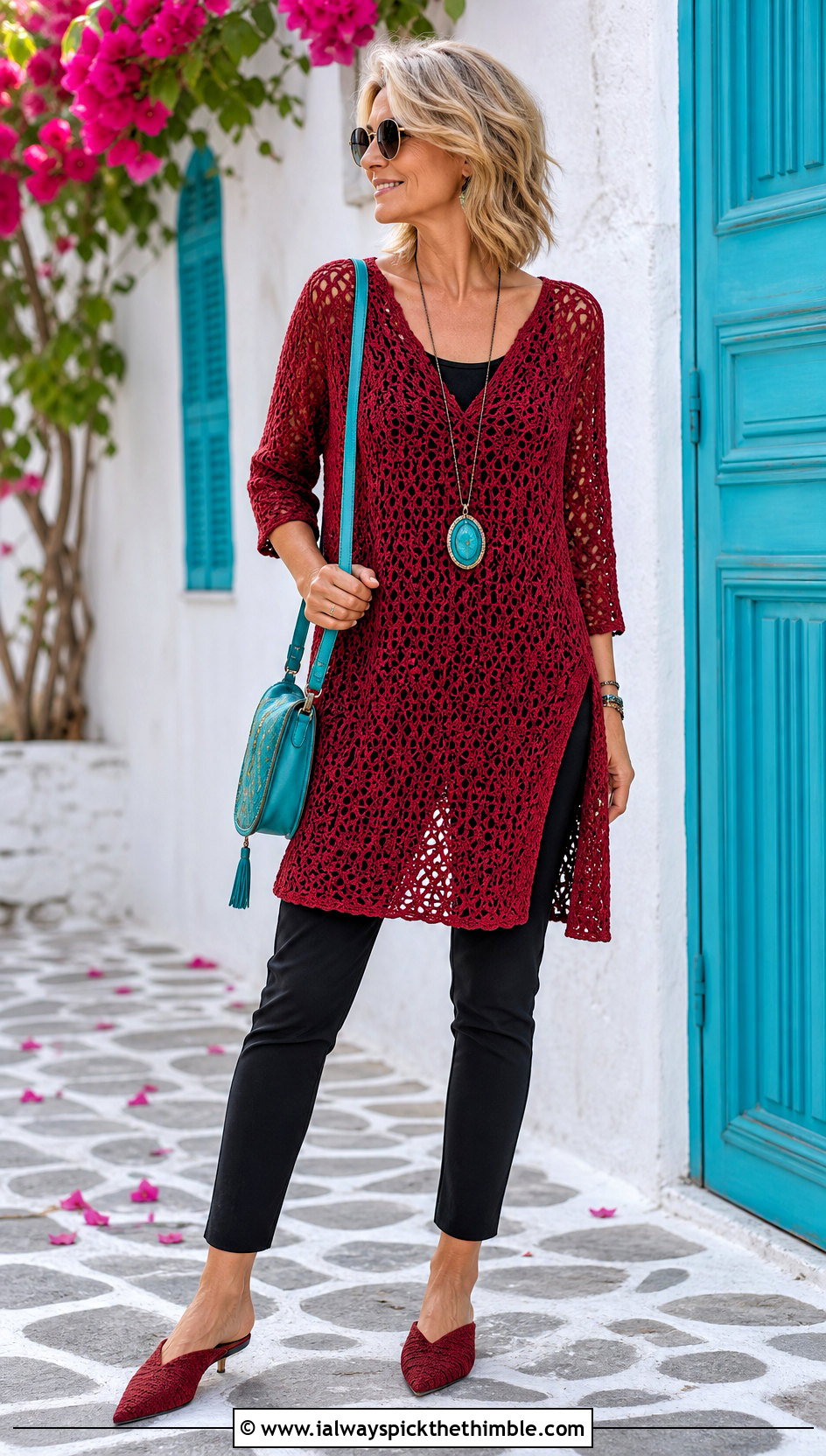 Red Crochet Tunic Top With Slim Pants - 25 Red Crochet Top outfit ideas