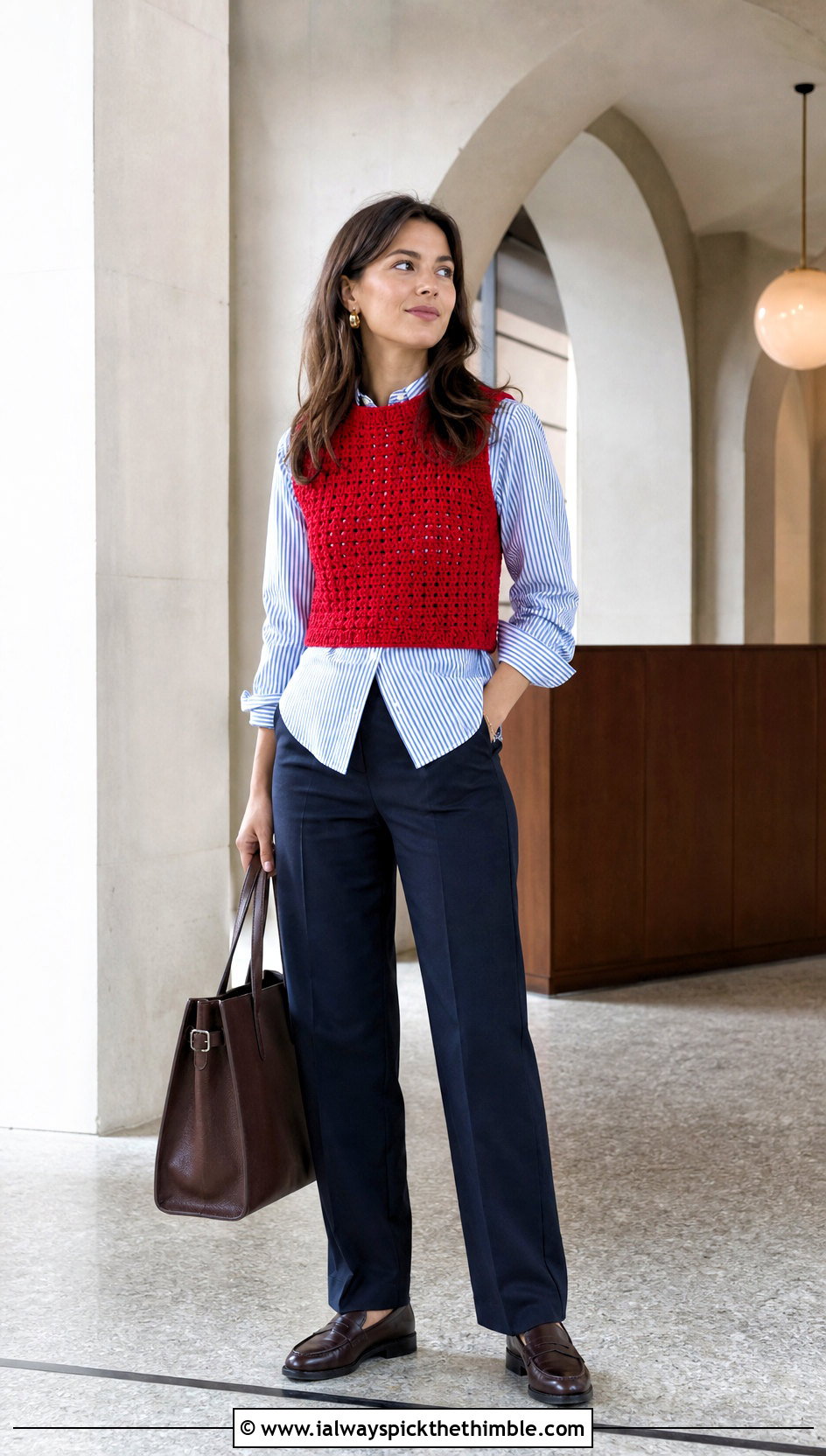 Red Crochet Vest Crop Top With Poplin Shirt - 20 Red Crochet Crop Top outfit ideas