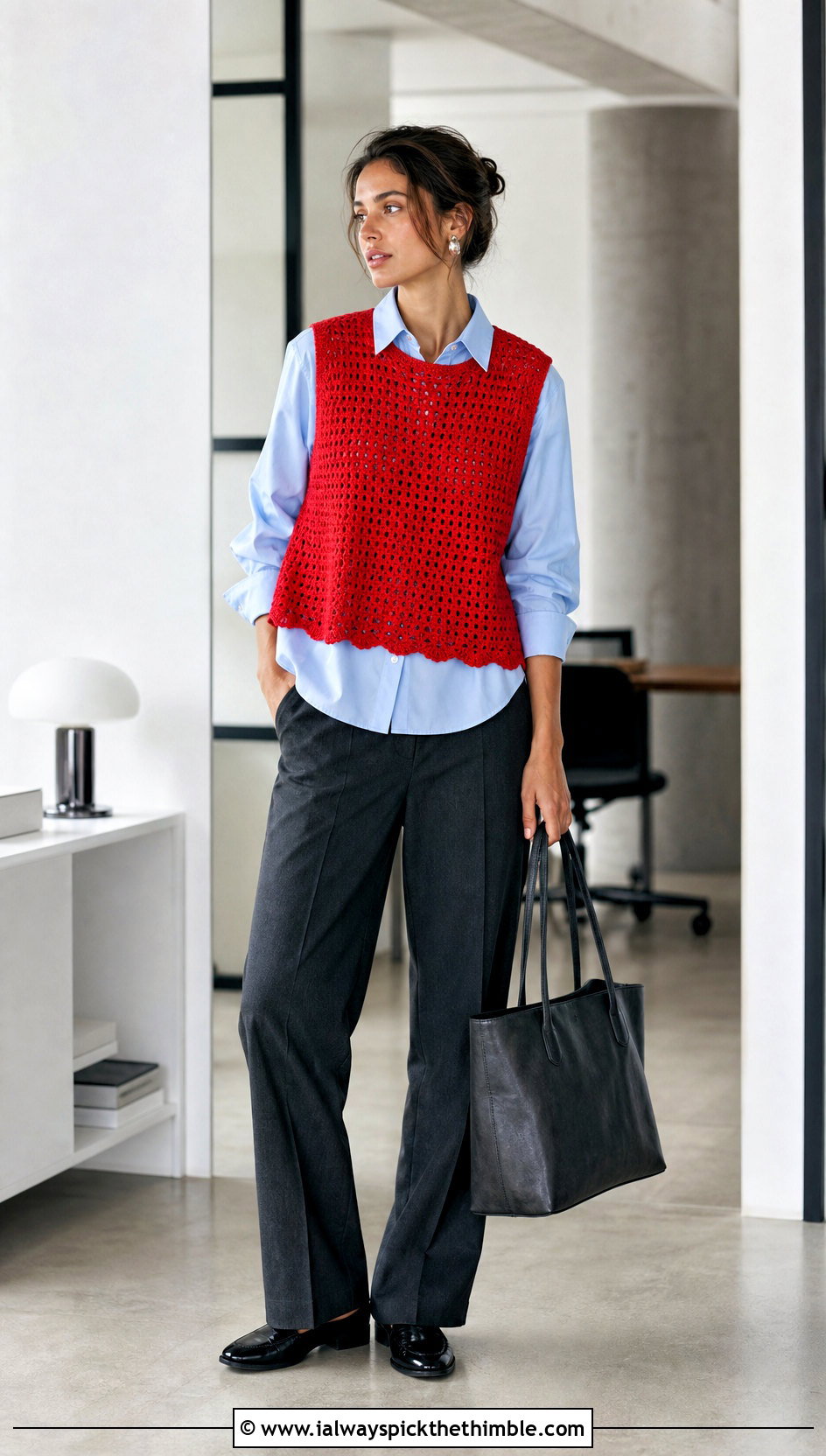 Red Crochet Vest Top With Poplin Shirt And Trousers - 15 handmade red crochet top outfit ideas