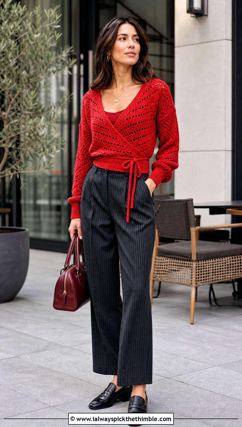 Red Crochet Wrap Top With Pinstripe Trousers - 15 handmade red crochet top outfit ideas