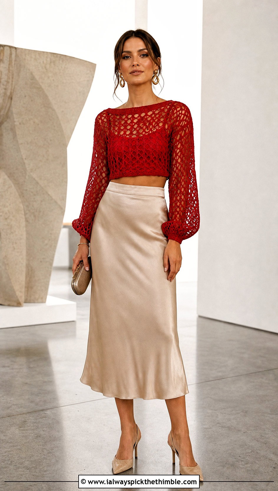 Red Cropped Mesh Crochet Sweater With Satin Midi Skirt - 15 Red Crochet Sweater On Hanger outfit ideas
