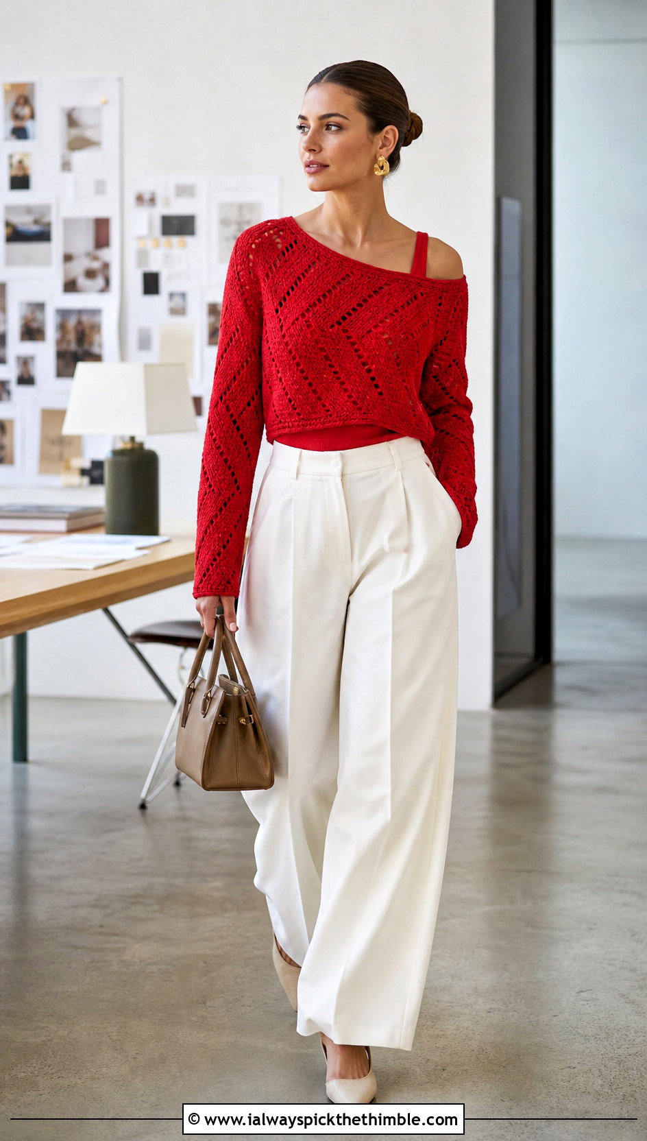 Red Cropped Raglan Crochet Sweater With Wide Leg Trousers - 15 Red Crocheted Sweater Close-Up outfit ideas