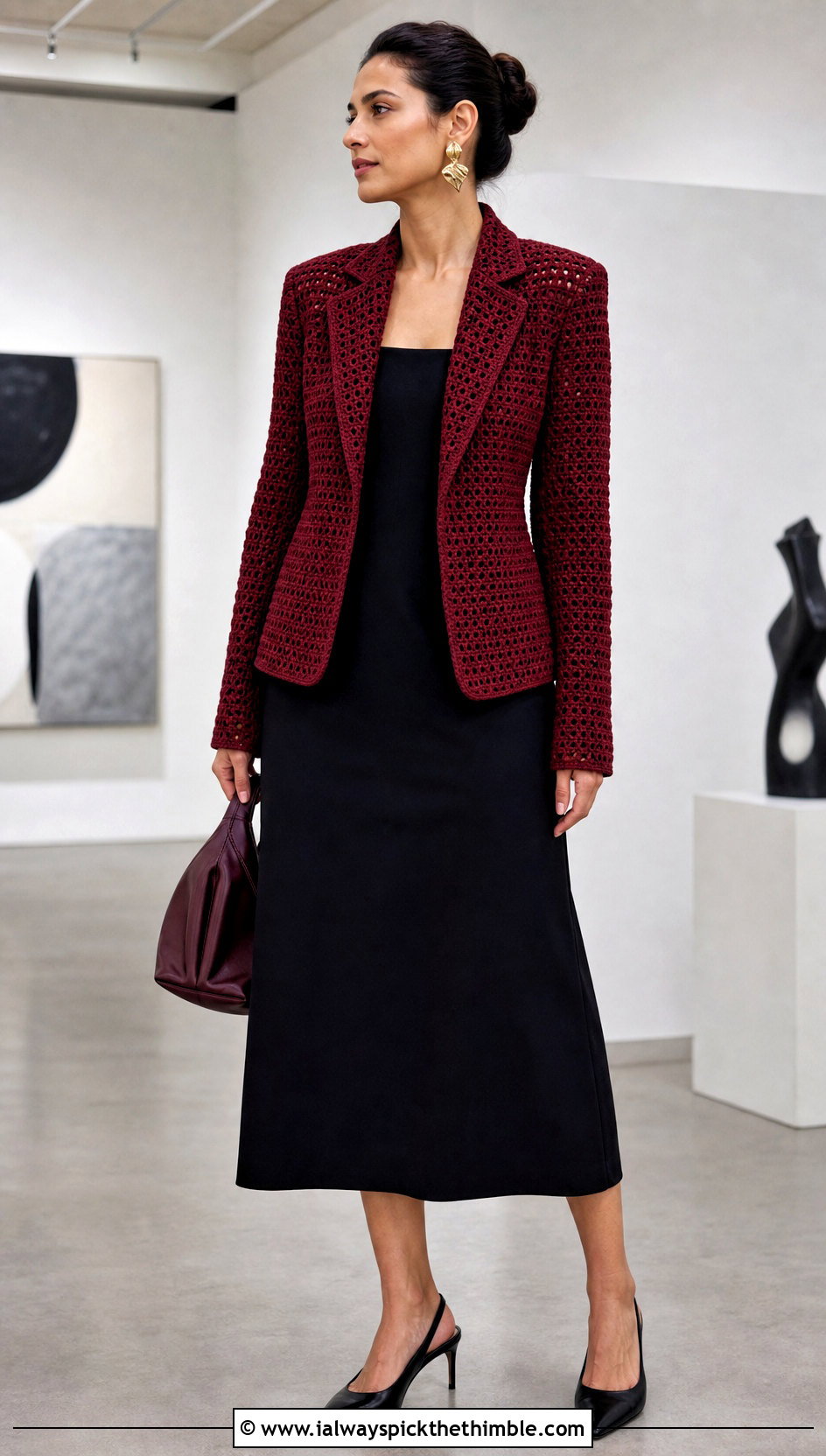 Red Dense Stitch Crochet Blazer With Black Dress - 20 red crochet clothing and outfit ideas