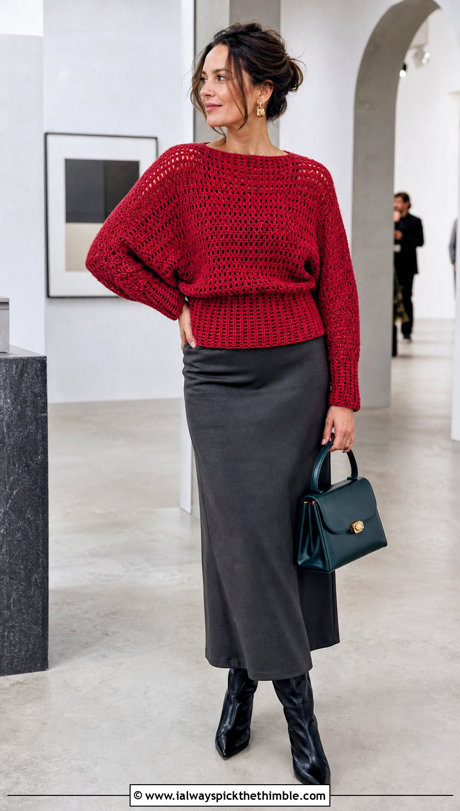 Red Dolman Sleeve Crochet Sweater With Column Skirt - 25 red crochet sweater outfit ideas