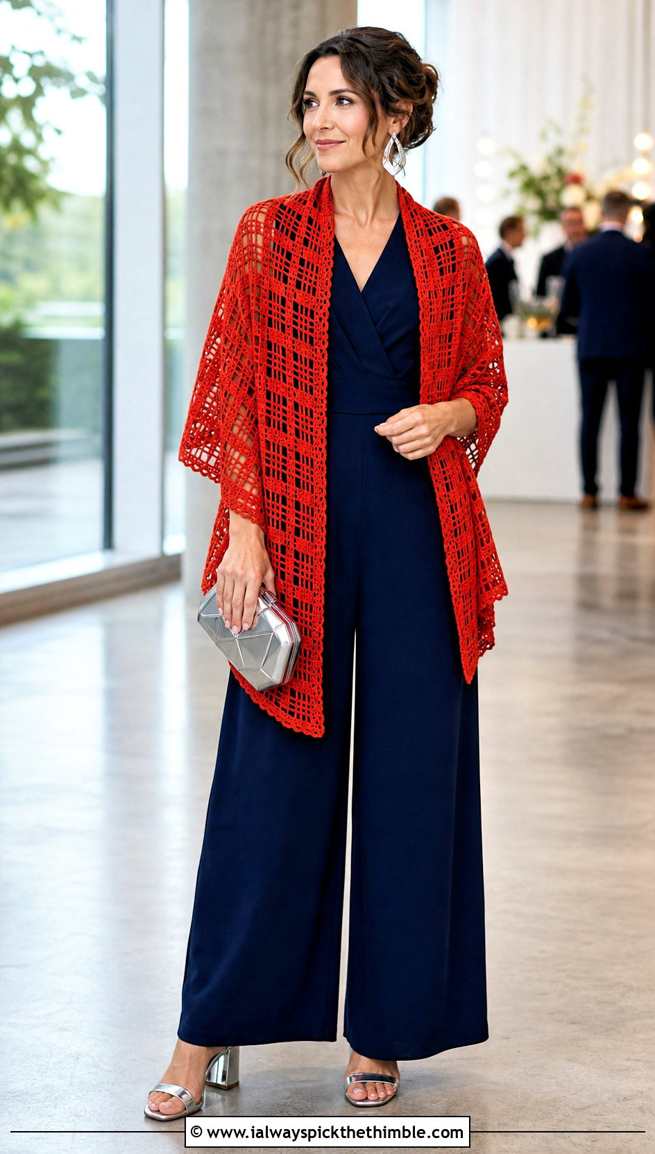 Red Filet Crochet Shawl With Wide Leg Jumpsuit - 15 Red Crocheted Shawl On Hanger outfit ideas