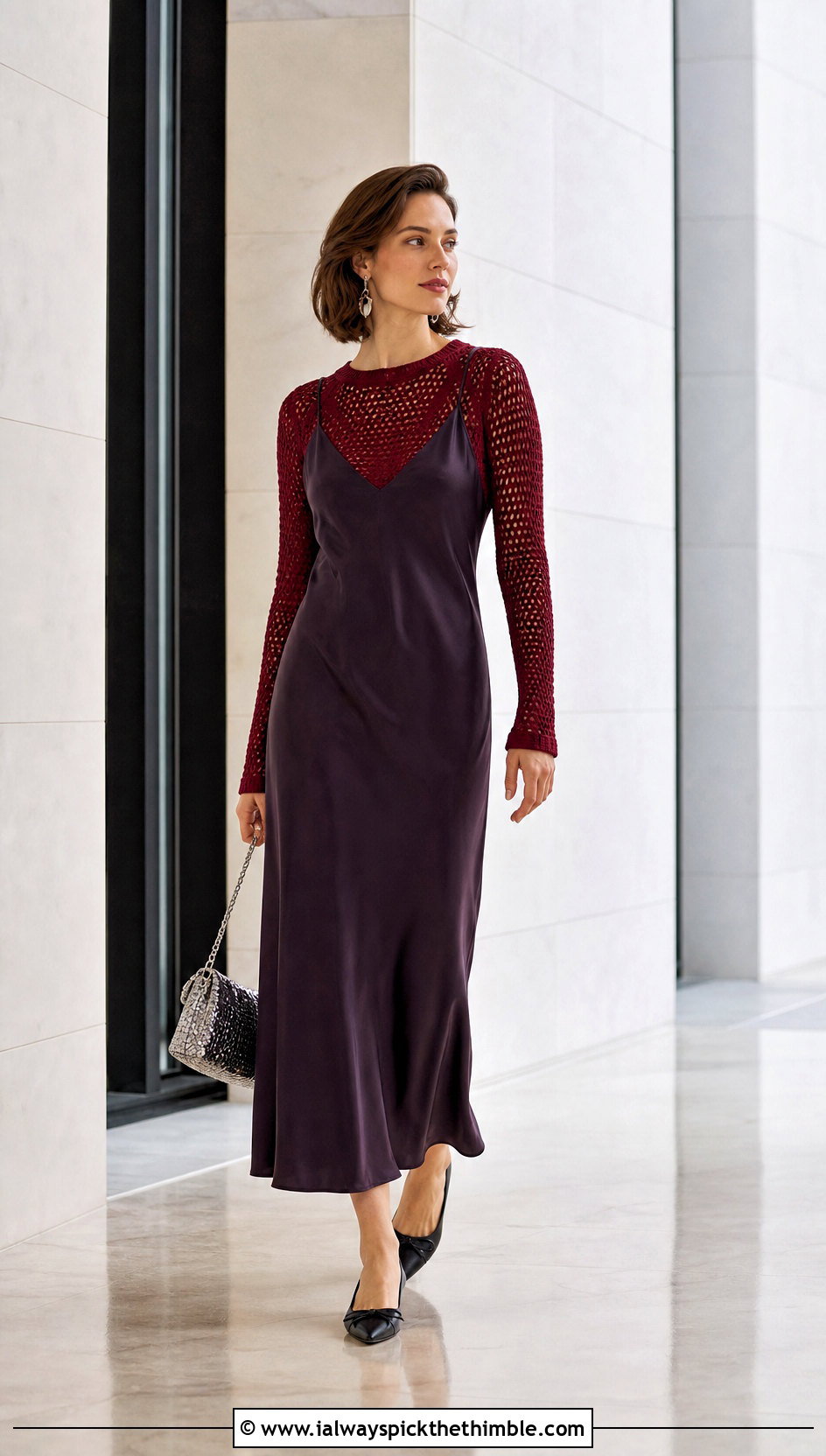 Red Fitted Ribbed Crochet Sweater With Satin Slip Dress - 15 Red Crocheted Sweater Close-Up outfit ideas