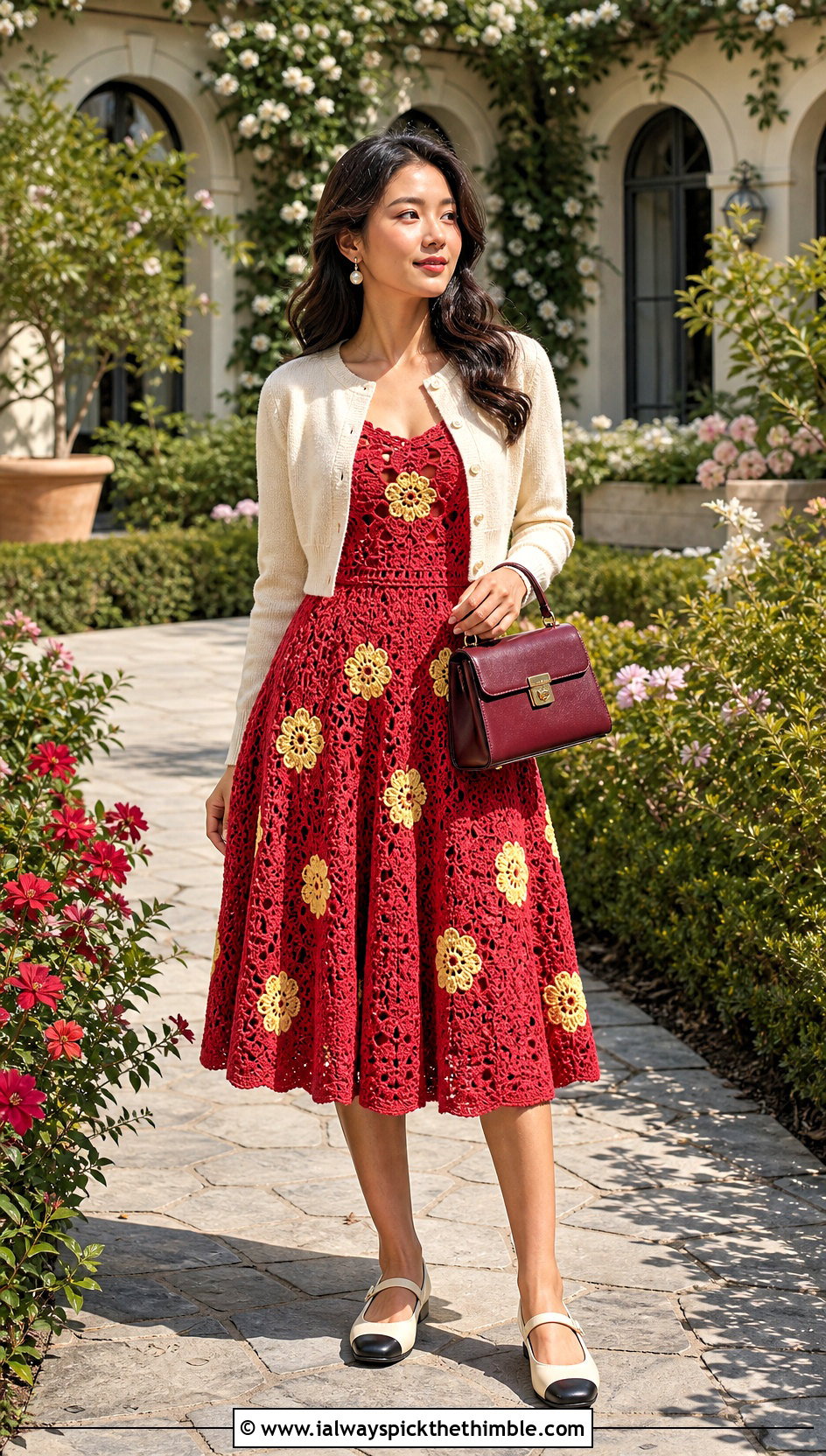 Red Floral Crochet Fit And Flare Dress With Cardigan - 15 red floral crochet dress outfit ideas