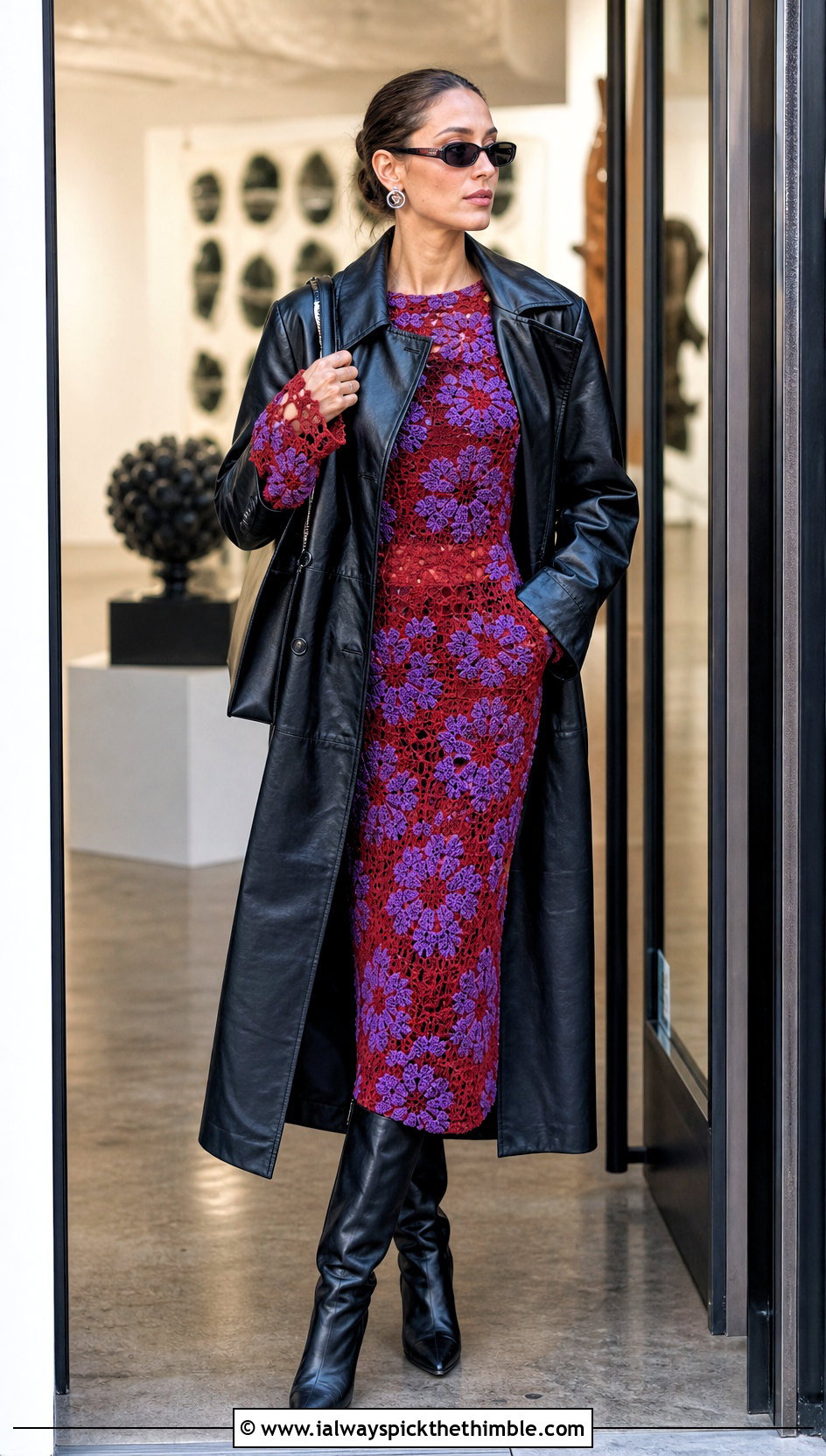 Red Floral Crochet Long Sleeve Dress With Leather Trench - 15 red floral crochet dress outfit ideas