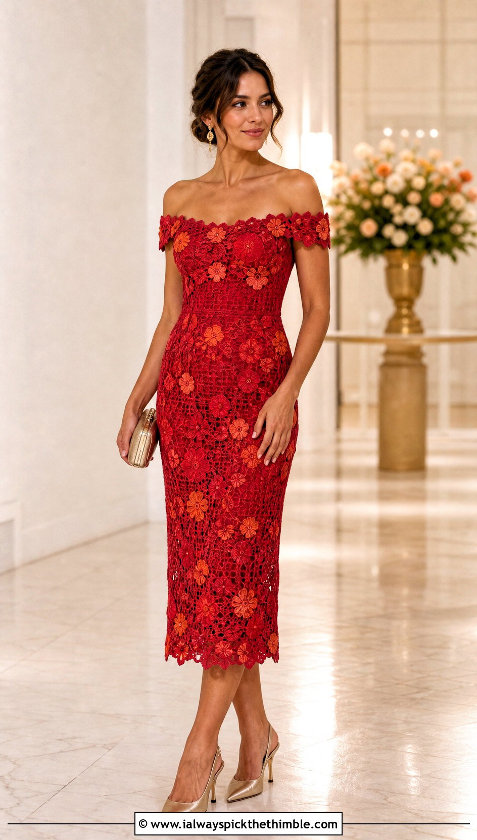 Red Floral Crochet Off Shoulder Dress With Satin Heels - 15 red floral crochet dress outfit ideas
