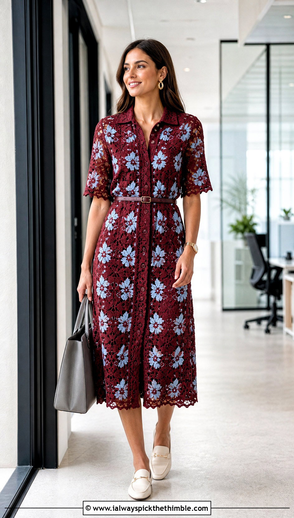 Red Floral Crochet Shirt Dress With Loafers - 15 red floral crochet dress outfit ideas