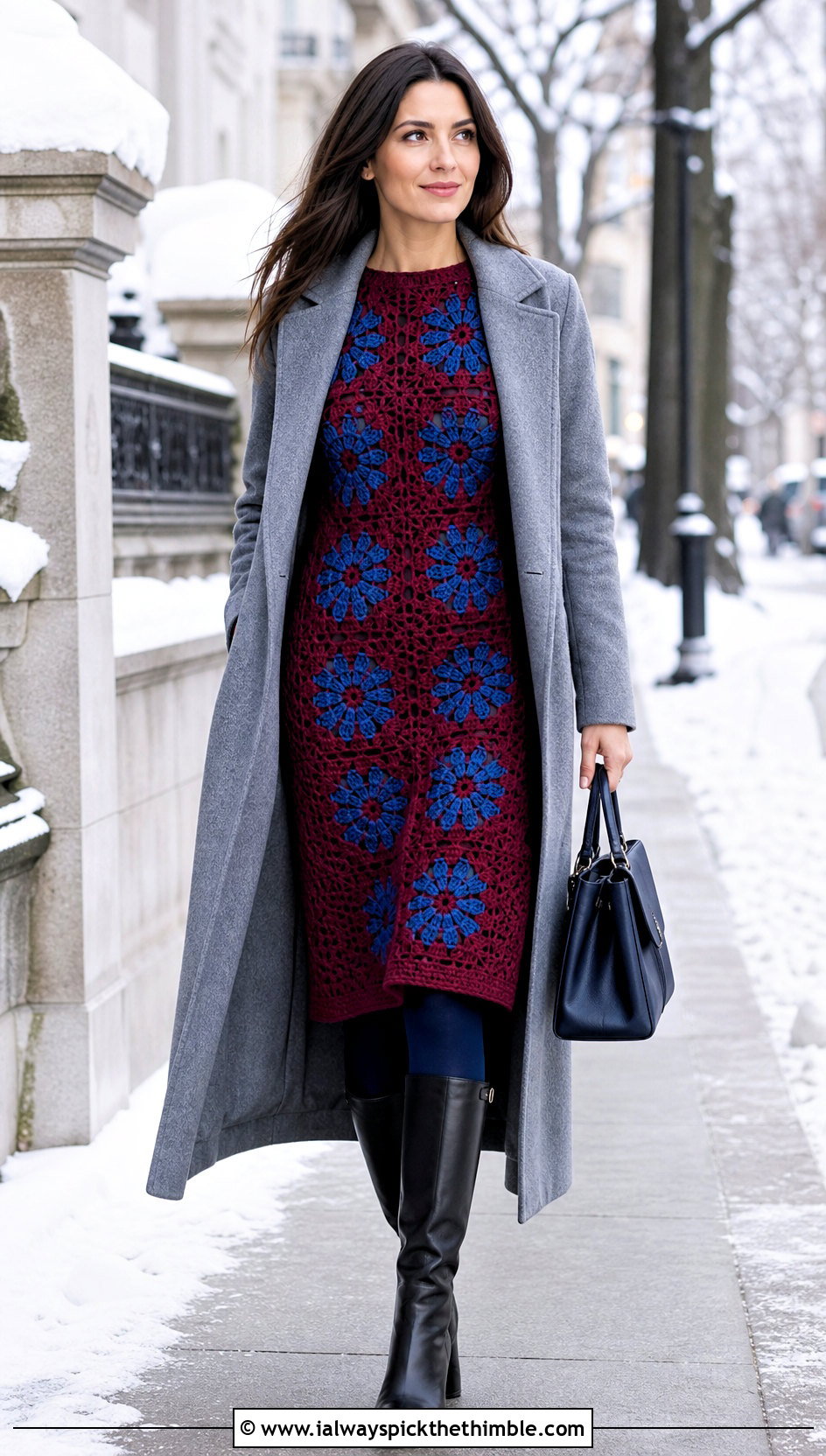 Red Floral Crochet Sweater Dress With Wool Coat - 15 red floral crochet dress outfit ideas