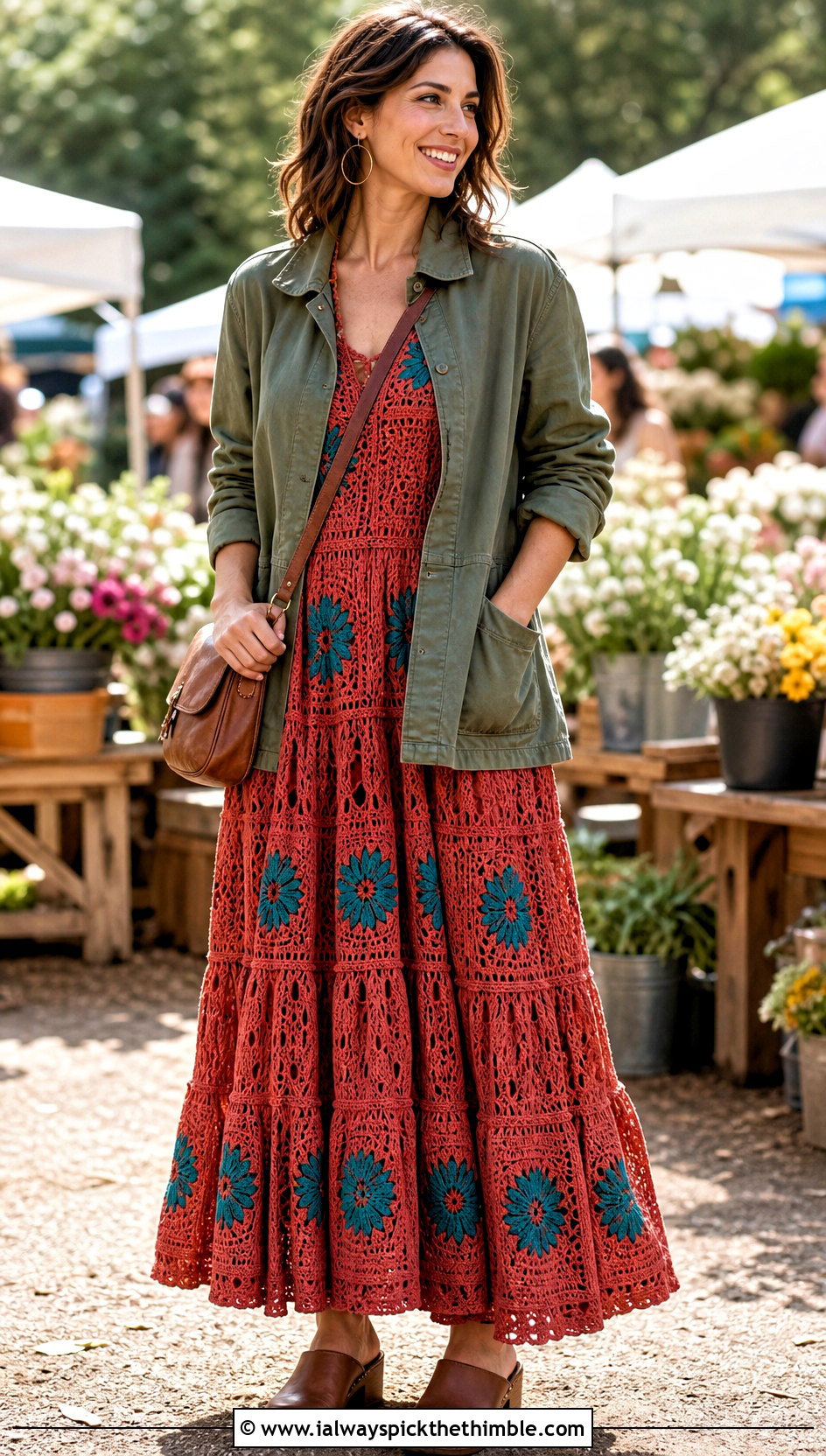 Red Floral Crochet Tiered Maxi Dress With Utility Jacket - 15 red floral crochet dress outfit ideas