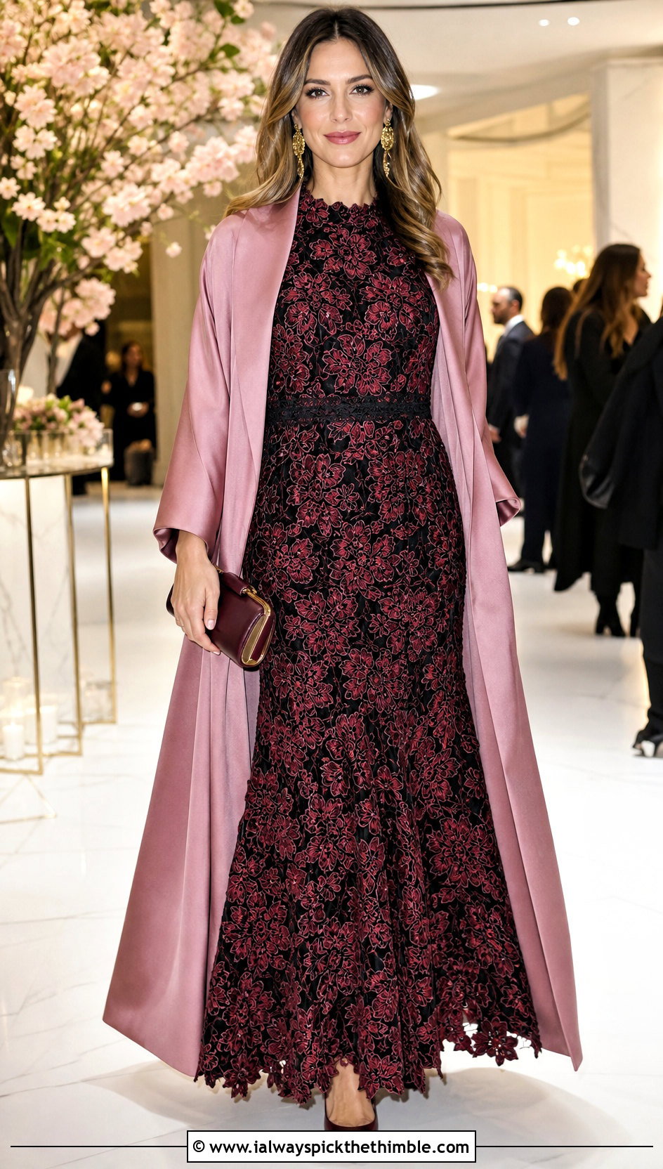 Red Floral Lace Crochet Gown With Satin Coat - 15 Red Crochet Dress Design outfit ideas