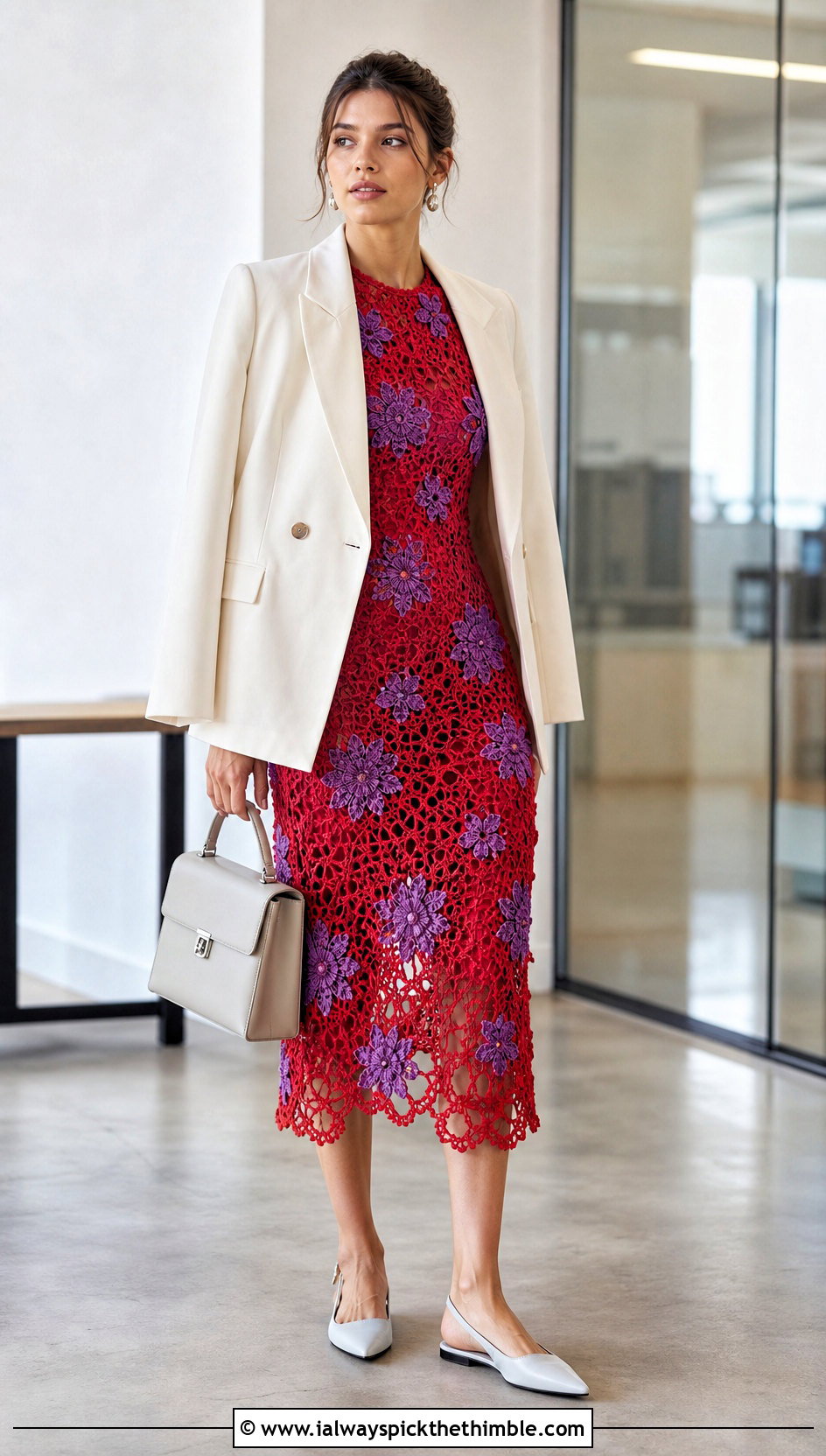 Red Floral Mesh Midi Dress With Tailored Blazer - 15 red floral crochet dress outfit ideas