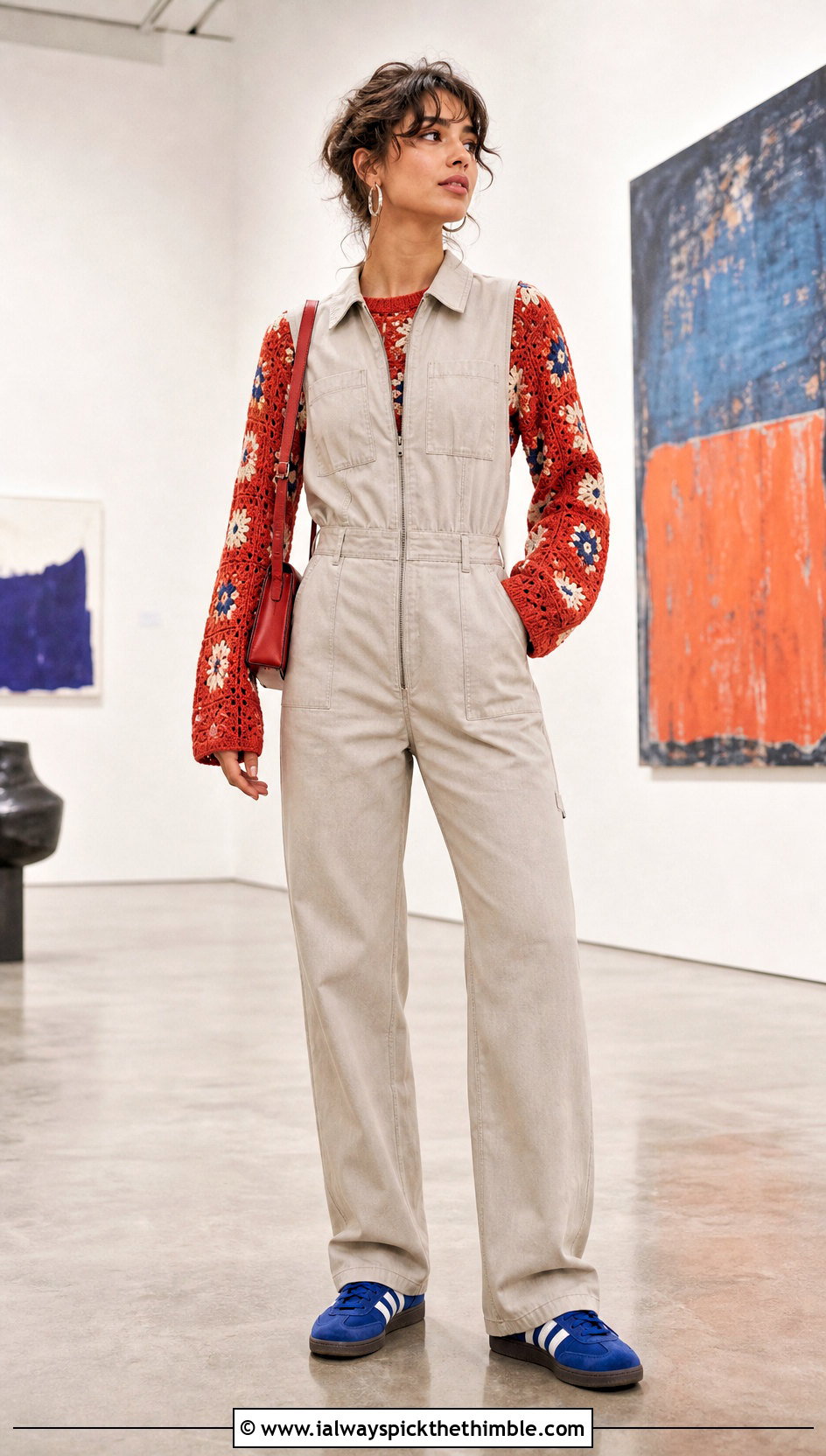 Red Floral Motif Crochet Sweater With Utility Jumpsuit - 15 Red Crocheted Sweater Close-Up outfit ideas