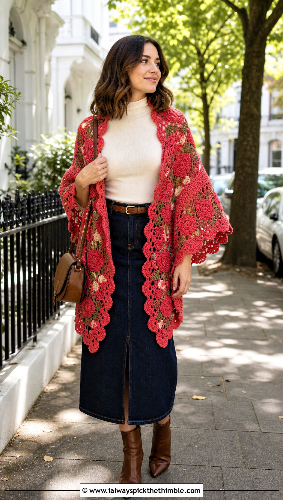 Red Floral Motif Shawl With Denim Midi Skirt - 15 Red Crocheted Shawl On Hanger outfit ideas
