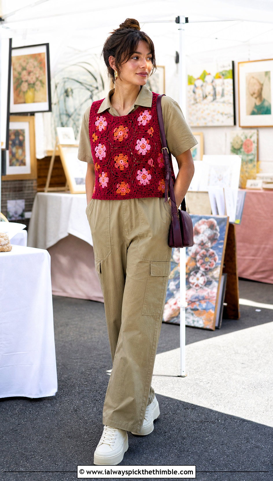 Red Floral Motif Sweater Vest With Utility Jumpsuit - 15 red crocheted sweater vest outfit ideas