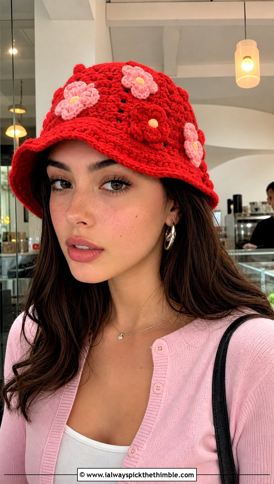 Red Flower Crochet Bucket Hat With Capri Pants - 25 red crochet hat outfit ideas