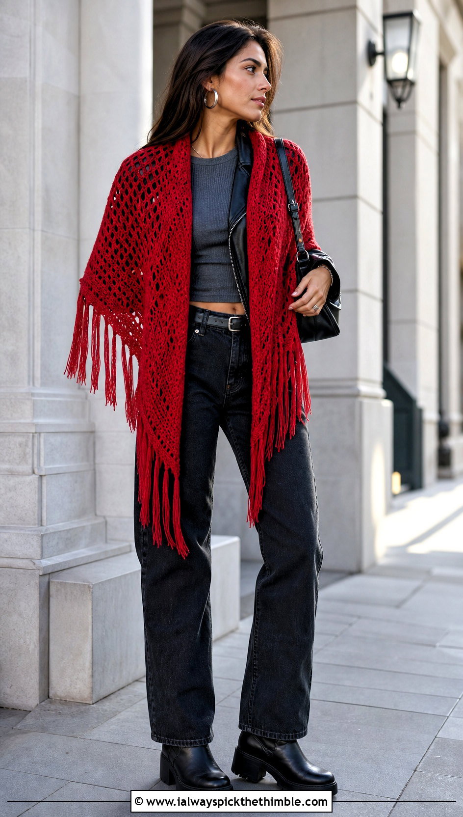 Red Fringed Triangle Shawl With Leather Jacket - 15 Red Crocheted Shawl On Hanger outfit ideas