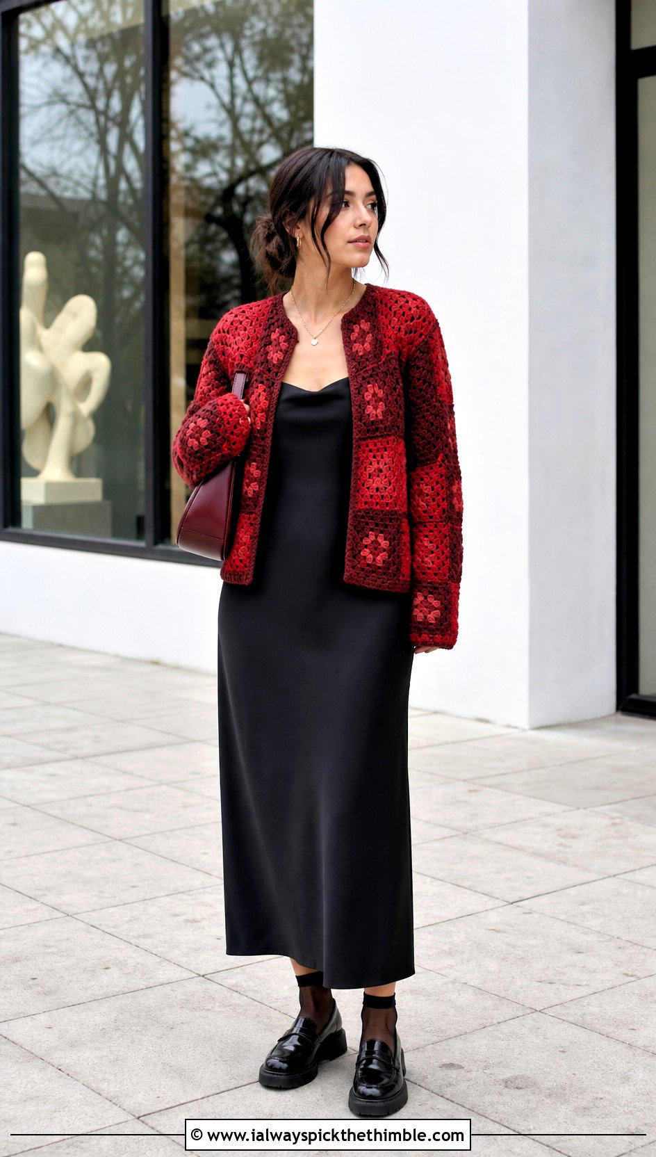 Red Granny Square Cardigan With Black Slip Dress - 15 red crochet clothing design outfit ideas
