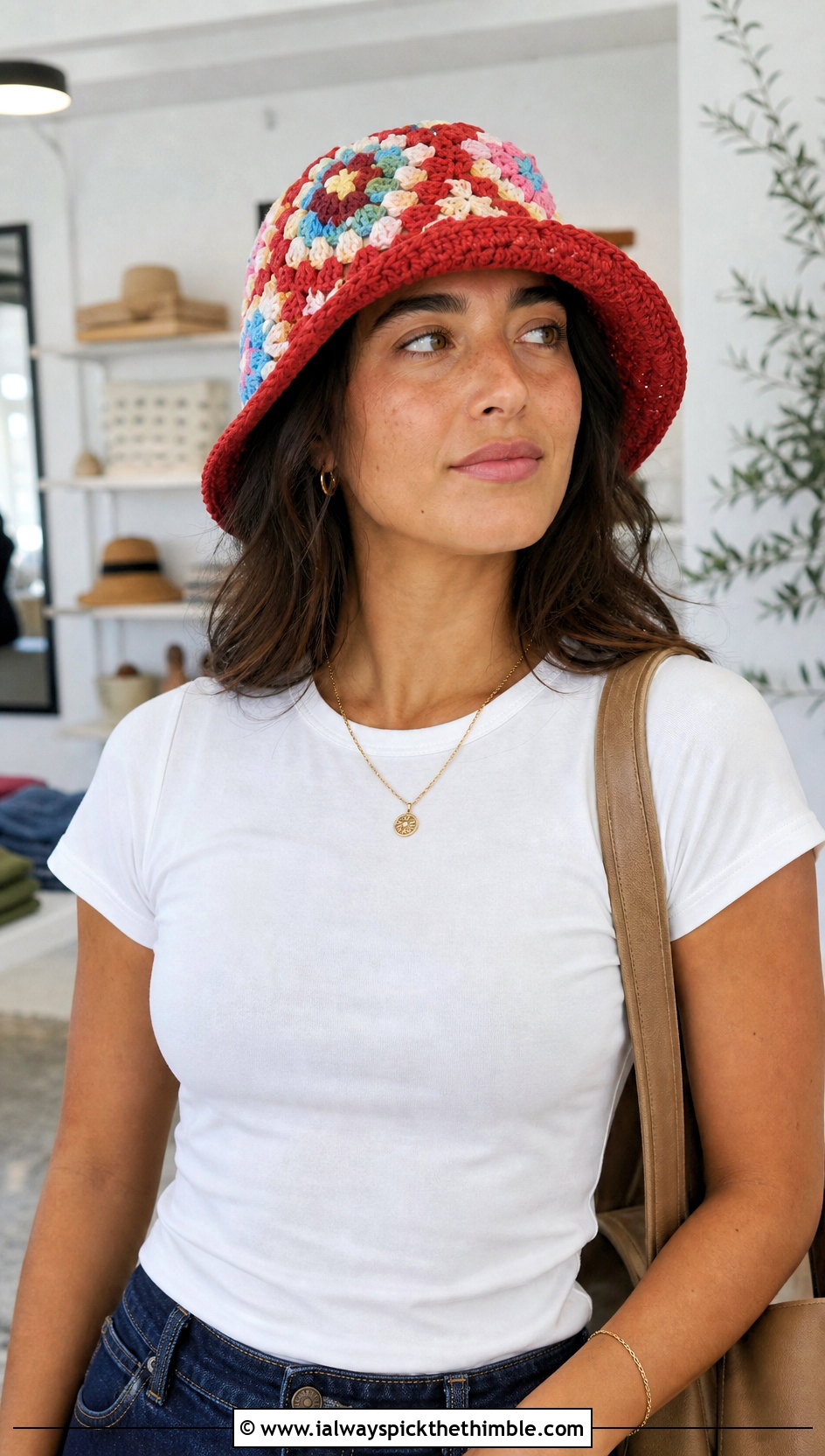 Red Granny Square Crochet Bucket Hat With Denim Skirt - 25 red crochet hat outfit ideas