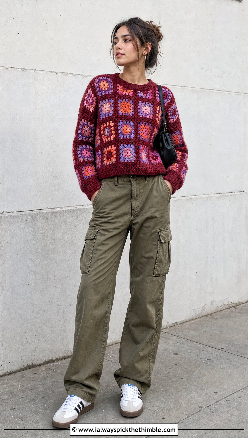 Red Granny Square Crochet Sweater With Cargo Pants - 25 red crochet sweater outfit ideas