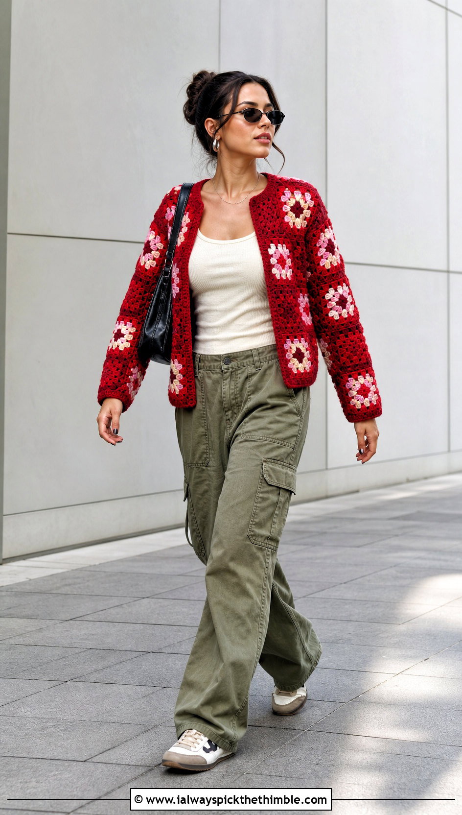 Red Granny Square Crochet Sweater With Cargo Pants - 15 Red Crocheted Sweater Close-Up outfit ideas