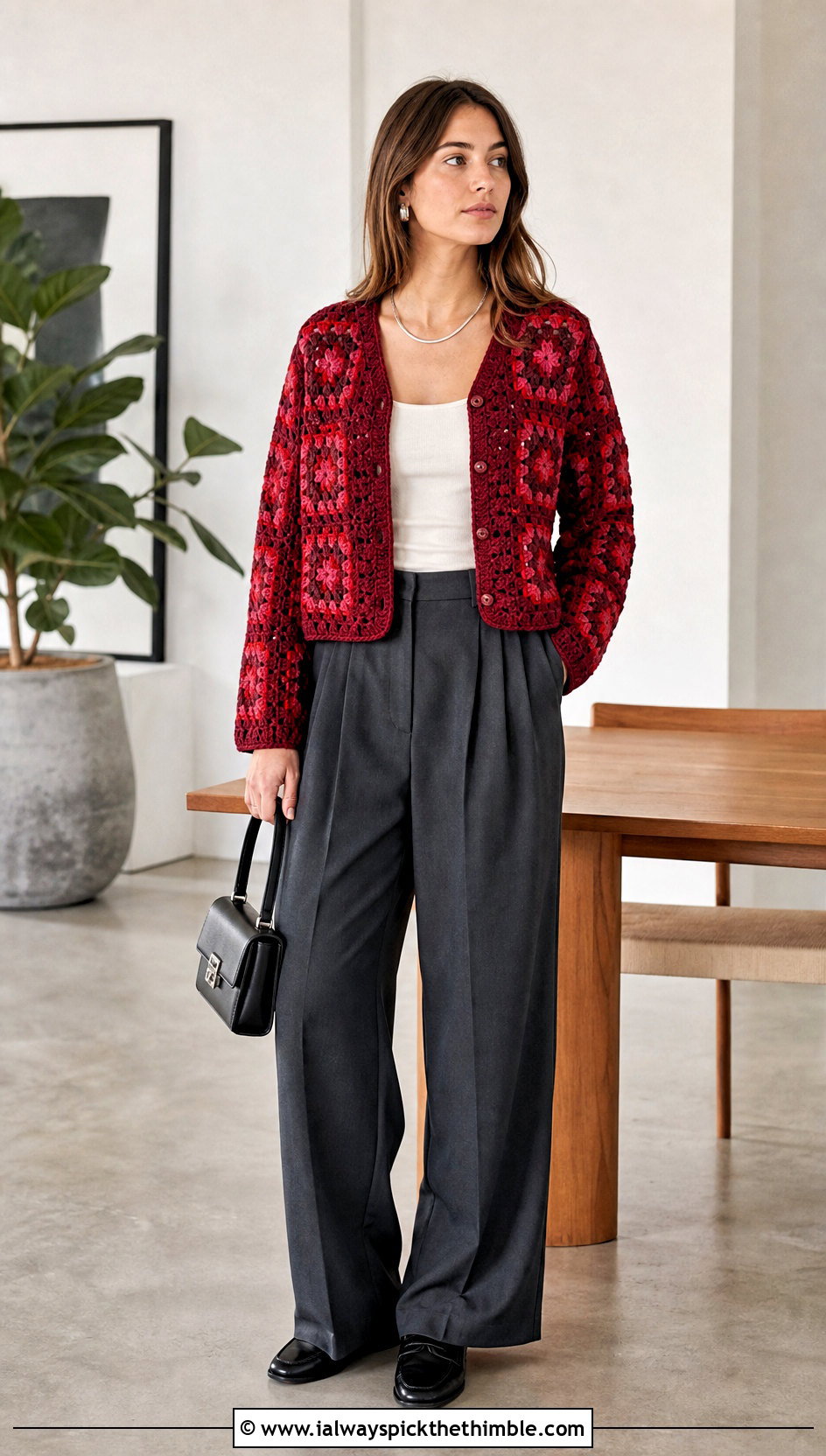 Red Granny Square Crochet Sweater With Tailored Trousers - 15 Red Crochet Sweater On Hanger outfit ideas