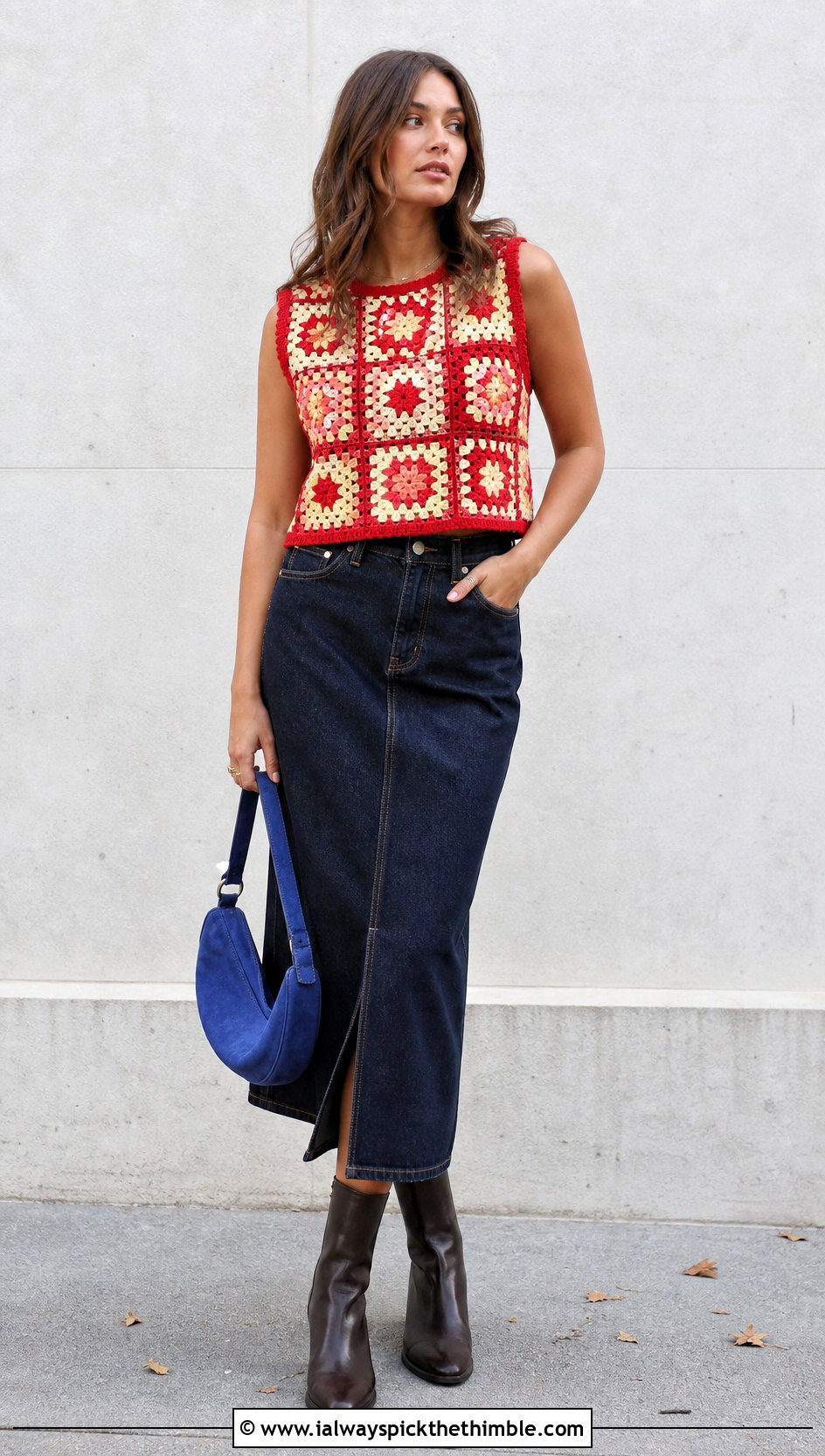 Red Granny Square Crochet Top With Denim Skirt - 25 Red Crochet Top outfit ideas