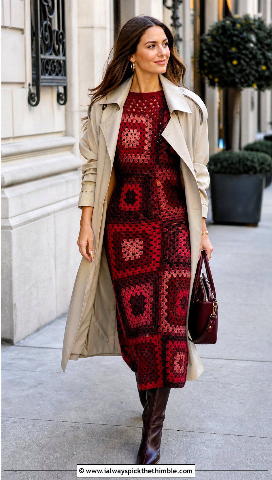 Red Granny Square Dress With Trench Coat - 15 Red Crochet Dress Design outfit ideas