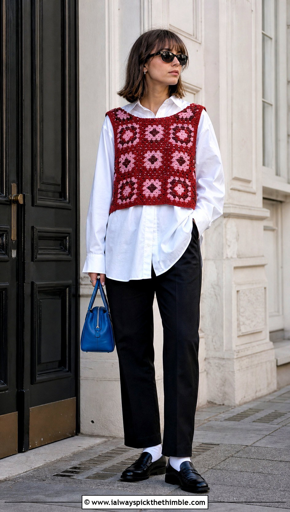 Red Granny Square Sweater Vest With Black Trousers - 15 red crocheted sweater vest outfit ideas