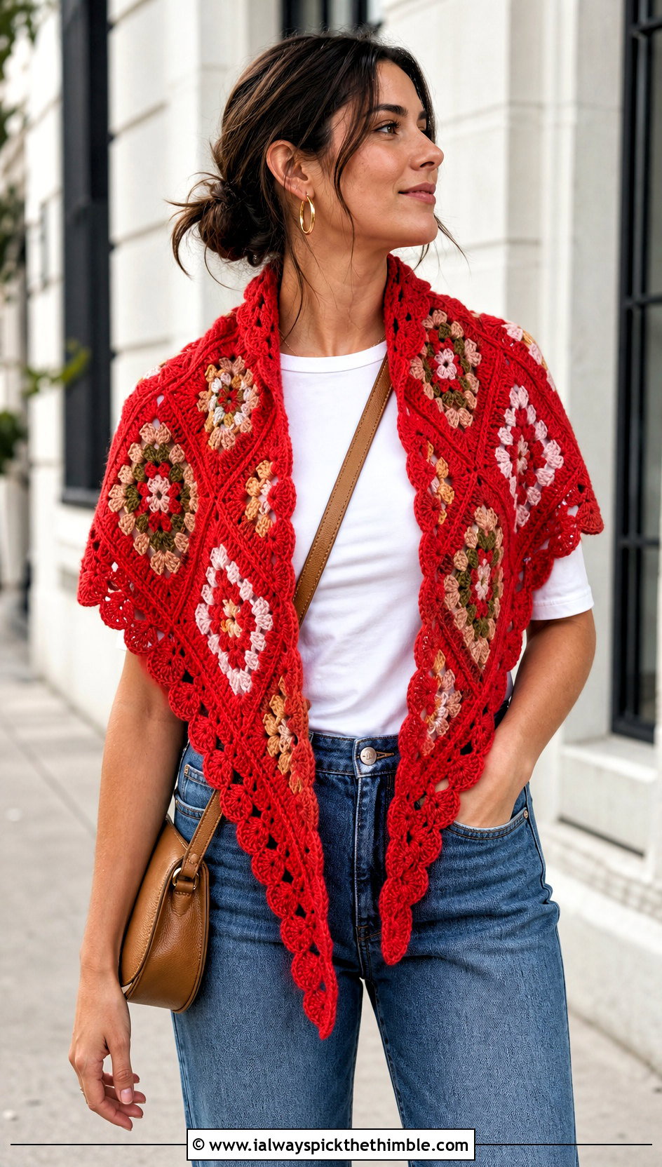 Red Granny Square Triangle Shawl With Straight Leg Jeans - 15 Red Crocheted Shawl On Hanger outfit ideas