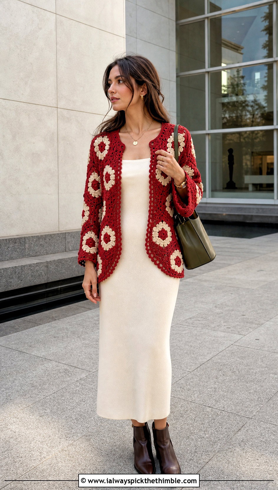 Red Hexagon Crochet Cardigan With Column Dress - 20 red crochet clothing and outfit ideas