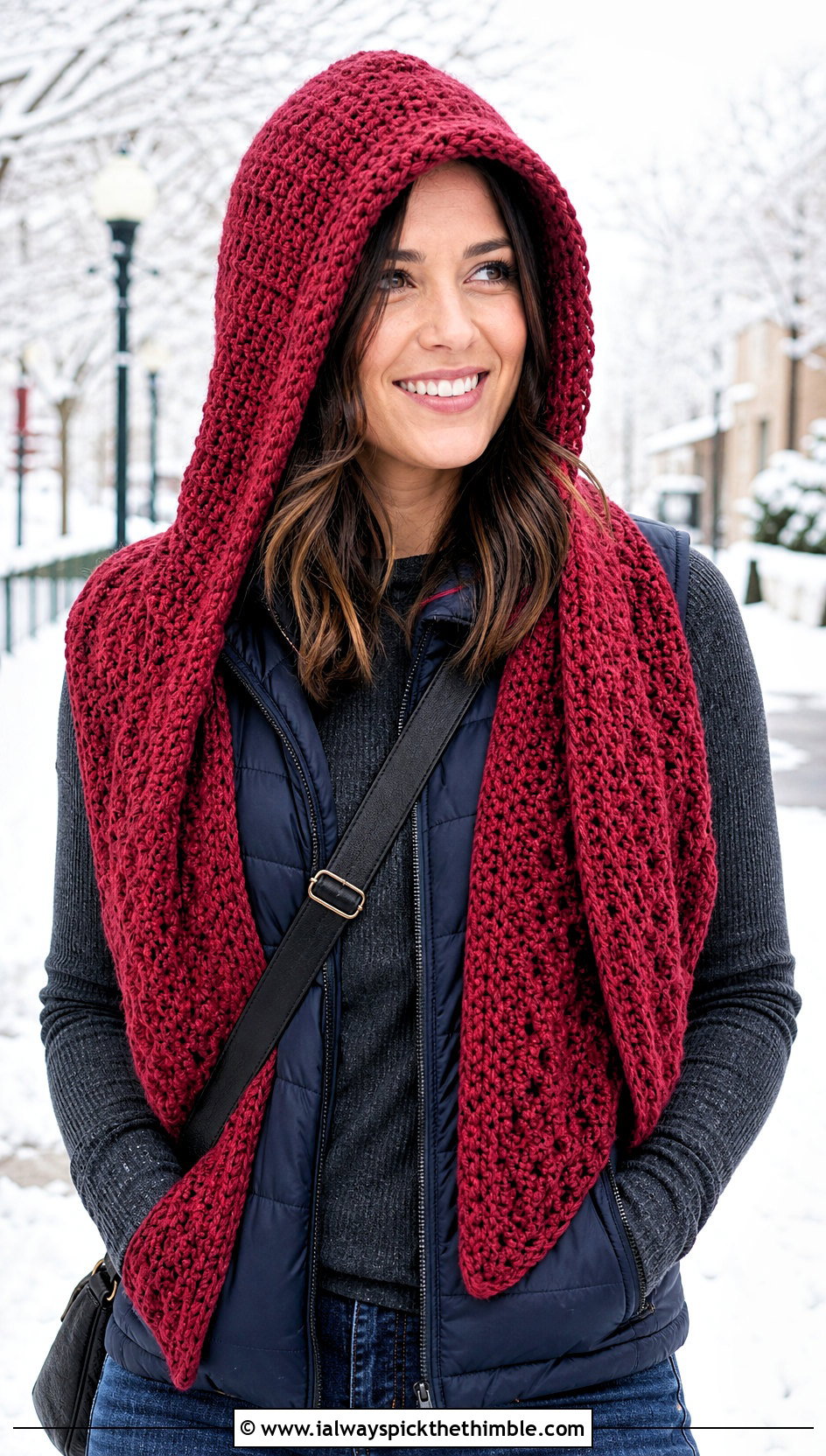 Red Hooded Crochet Shawl With Puffer Vest - 15 Red Crocheted Shawl On Hanger outfit ideas