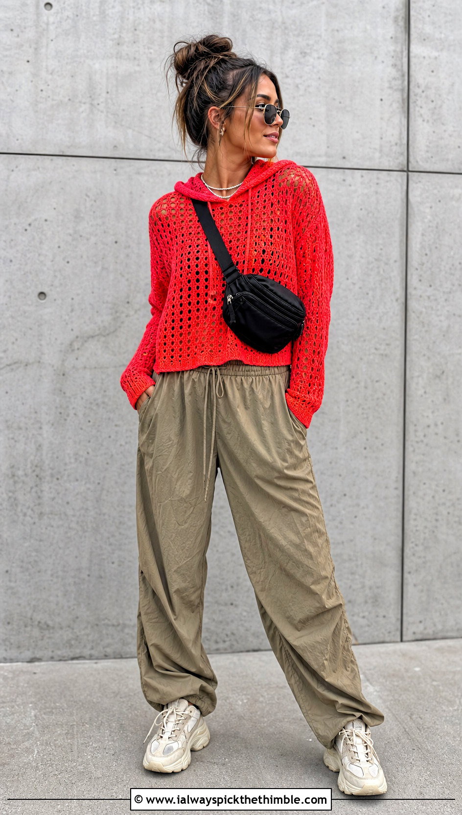 Red Hooded Crochet Sweater With Parachute Pants - 25 red crochet sweater outfit ideas
