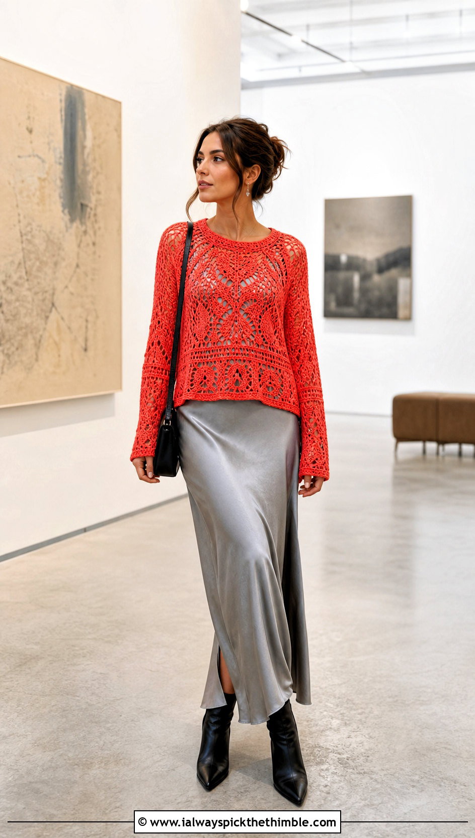 Red Lace Stitch Crochet Sweater Over A Slip Dress - 25 red crochet sweater outfit ideas