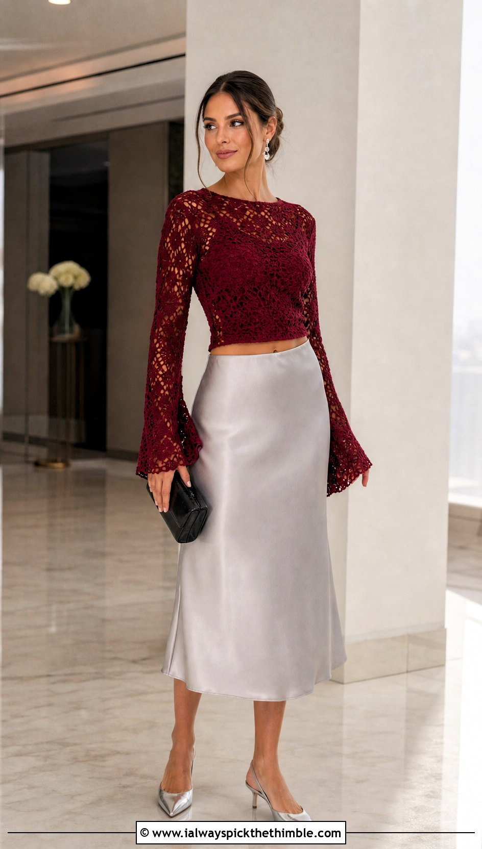Red Long Sleeve Crochet Crop Top With Satin Midi Skirt - 20 Red Crochet Crop Top outfit ideas