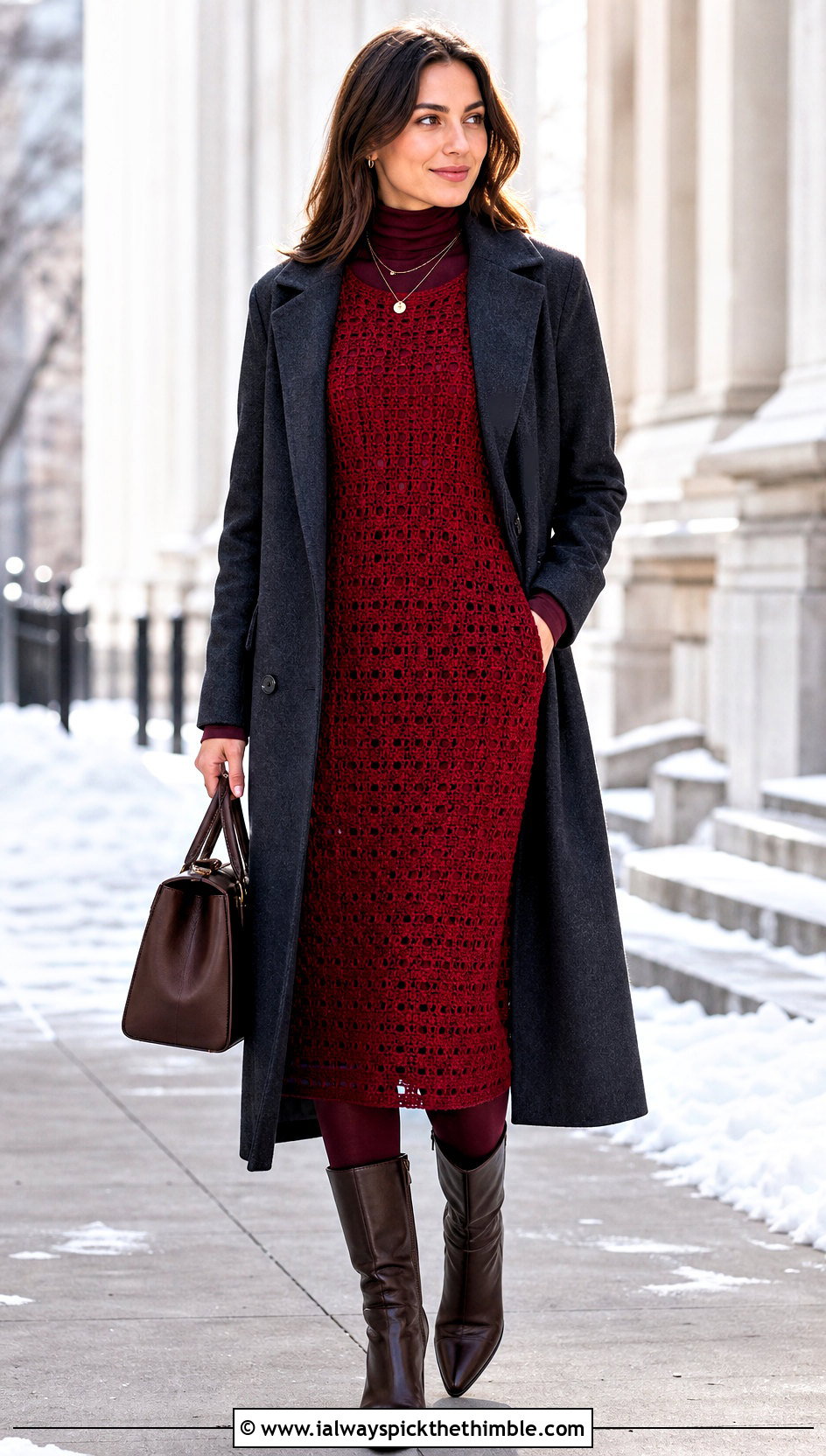 Red Long Sleeve Crochet Dress With Tall Boots - 15 Red Crochet Dress Design outfit ideas